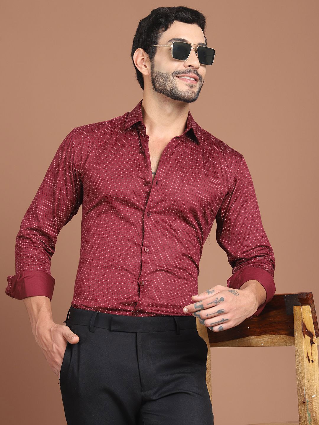 

Indian Needle Men Classic Polka Dot Opaque Printed Formal Shirt, Maroon