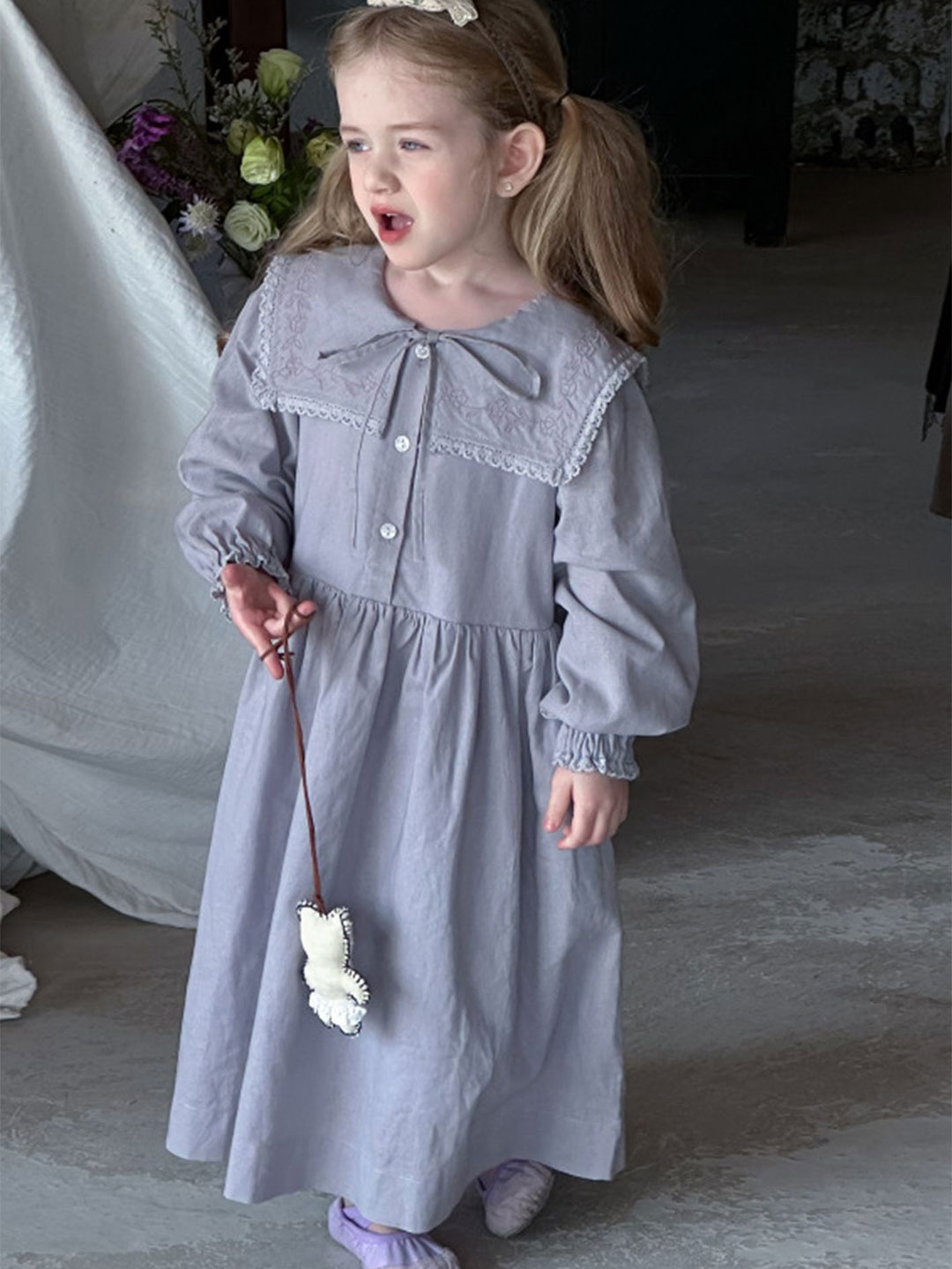 

LULU & SKY Girls Tie-Up Neck Fit & Flare Dress, Grey
