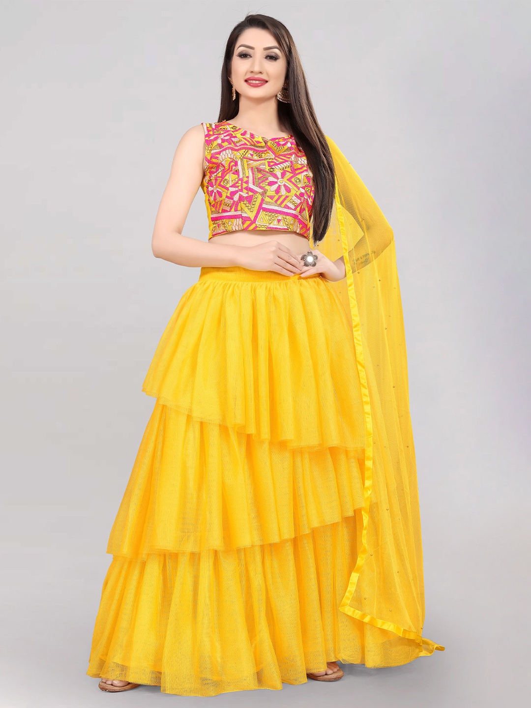 

DIVASTRI Floral Embroidered Thread Work Semi-Stitched Lehenga Choli With Dupatta, Yellow