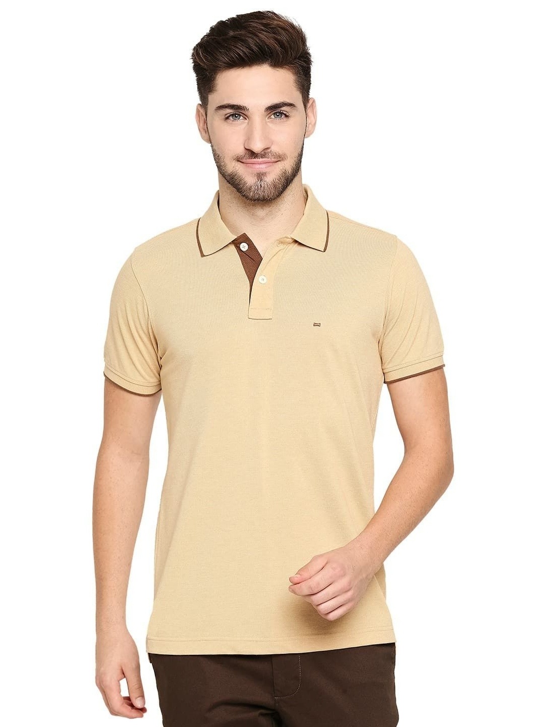 

Basics Men Solid Polo Collar Cotton Boxy T-shirt, Beige