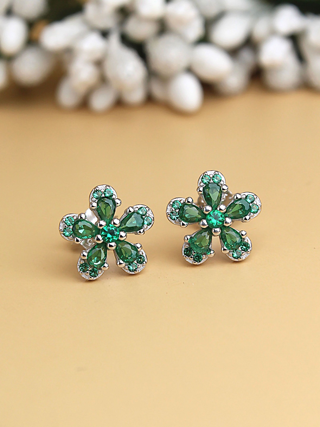 

DEVASHREE 925 Silver Cubic Zirconia Studded Floral Shaped Studs, Green