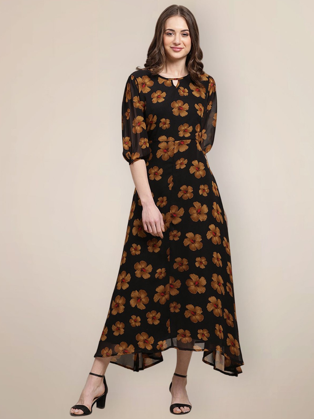 

Tromko Floral Print Georgette Fit & Flare Midi Dress, Black