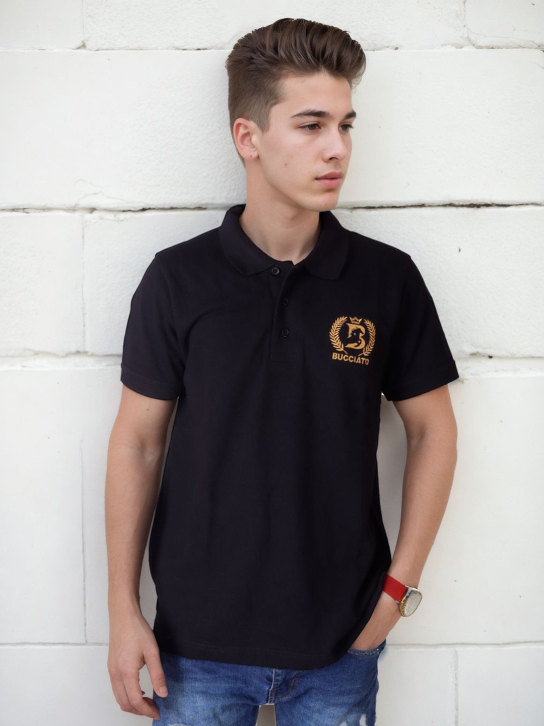 

Bucciato Private Limited Men Solid Polo Collar Cotton T-shirt, Black