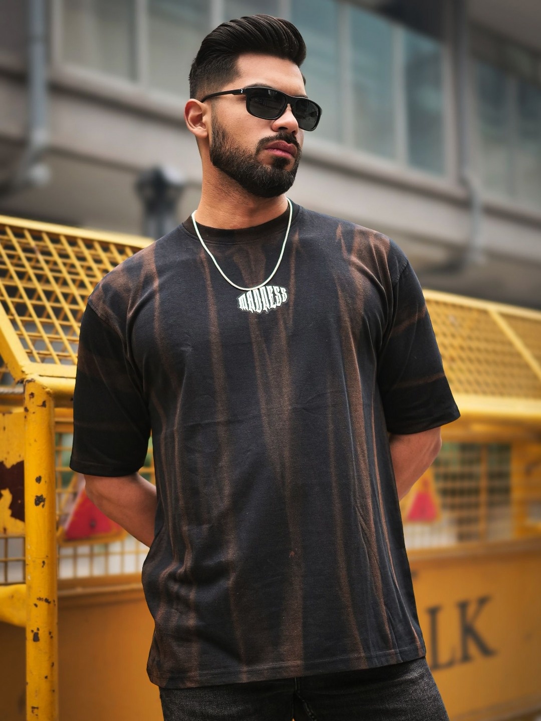 

Maniac Men Abstract Printed Round Neck Cotton Oversized T-shirt, Black
