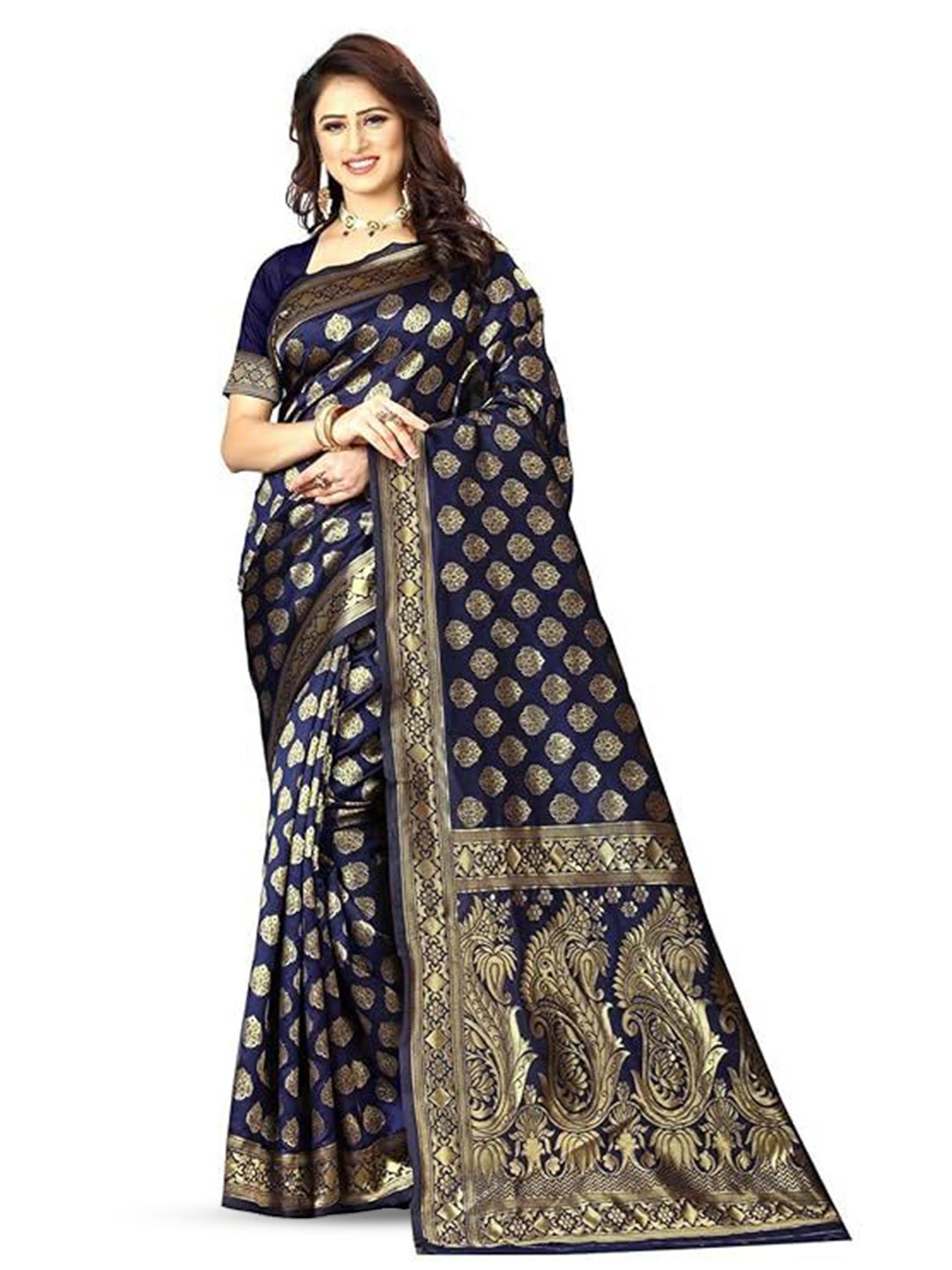 

Florence Woven Design Zari Pure Silk Kanjeevaram Saree, Navy blue
