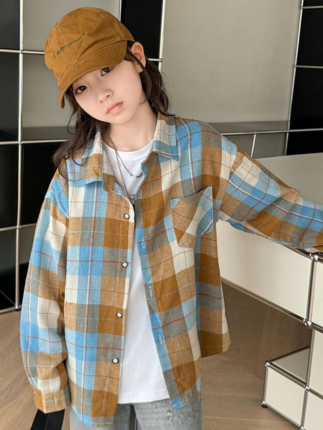 

LULU & SKY Checked Puff Sleeve Shirt Style Top, Yellow