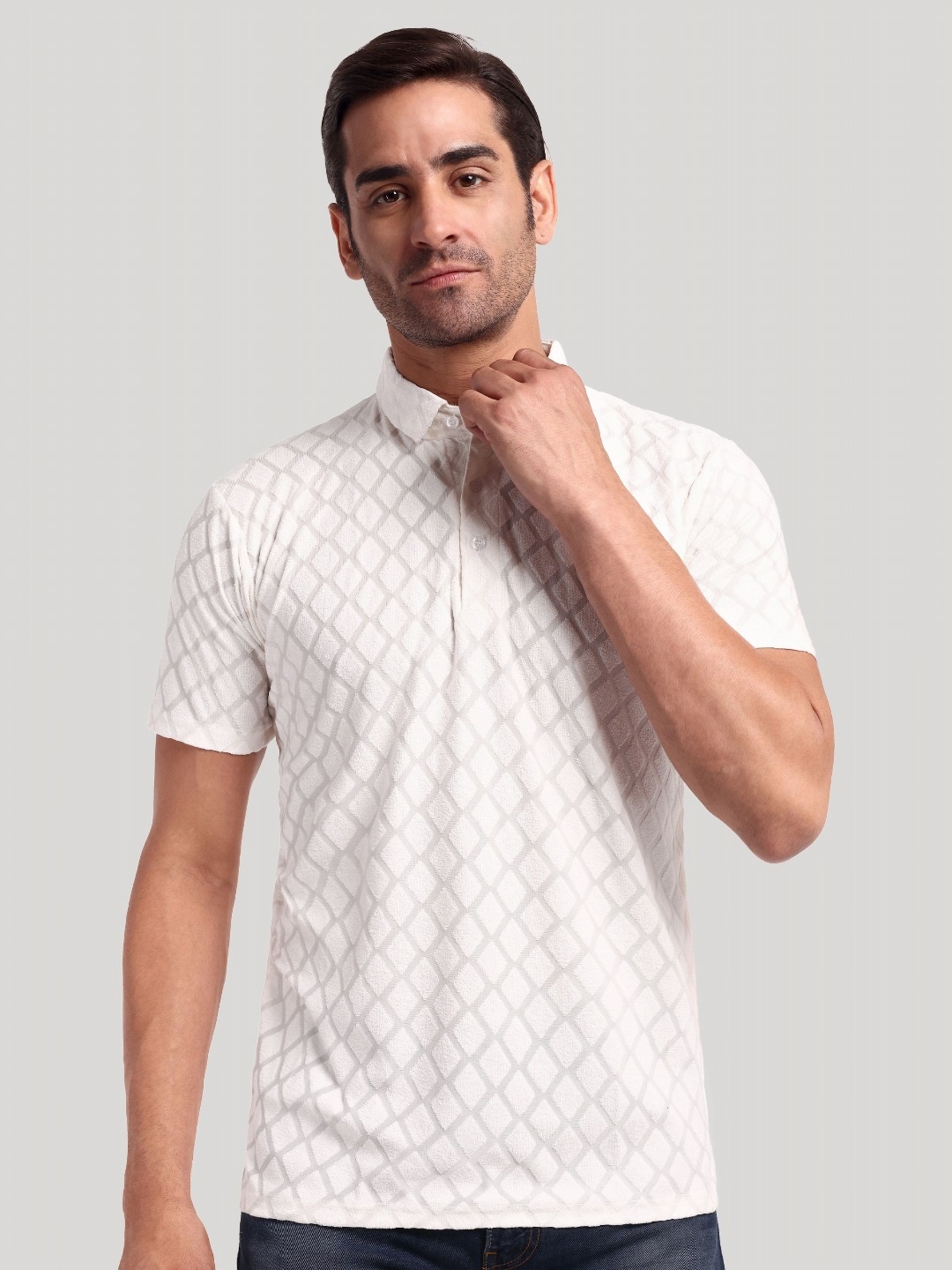 

Moda Rapido Men Self Design Polo Collar Cotton T-shirt, White