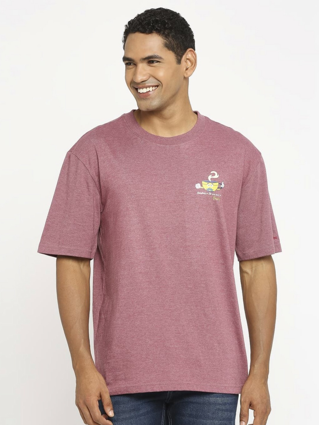 

Basics Men Graphic Printed Round Neck Cotton Relaxed Fit T-shirt, Pink