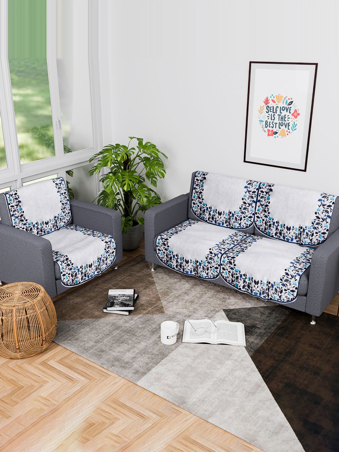

Kuber Industries Grey & Blue 6 Pieces Printed Cotton 3 Seater Sofa Covers