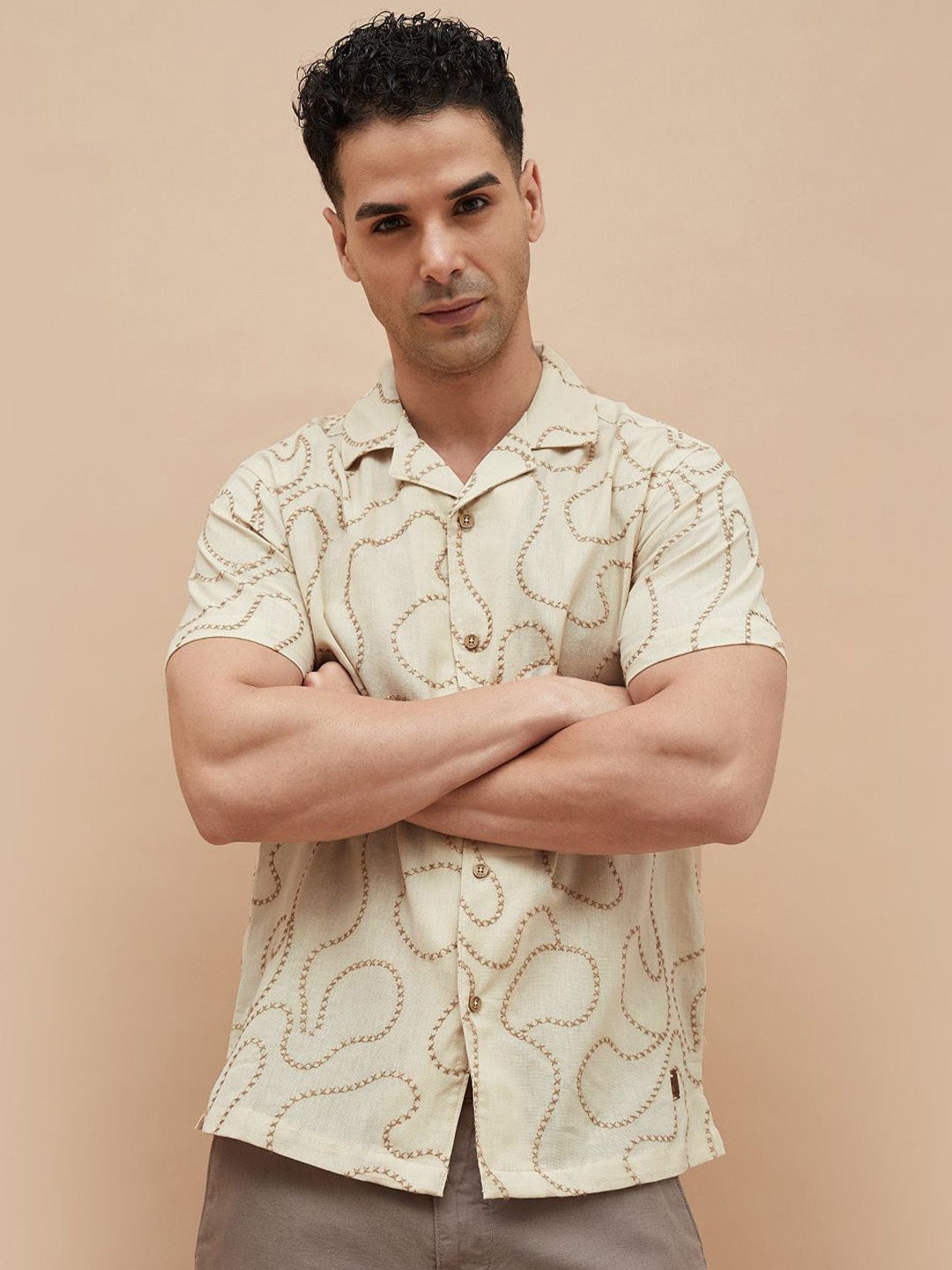 

CODE by Lifestyle Men Cuban Collar Textured Cotton Casual Shirt, Beige