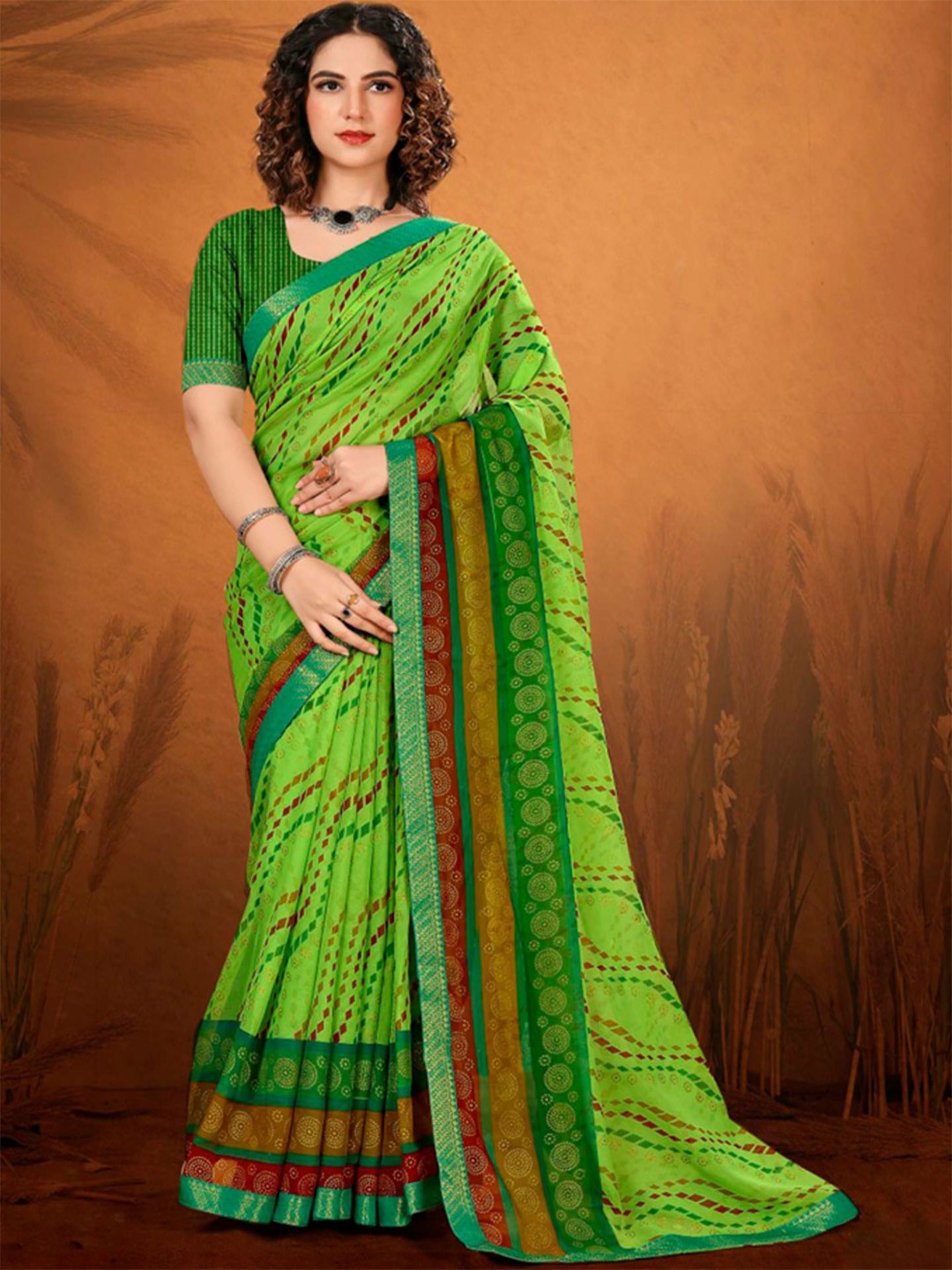 

SHOPPKEE Striped Sequinned Poly Chiffon Designer Banarasi Saree, Green