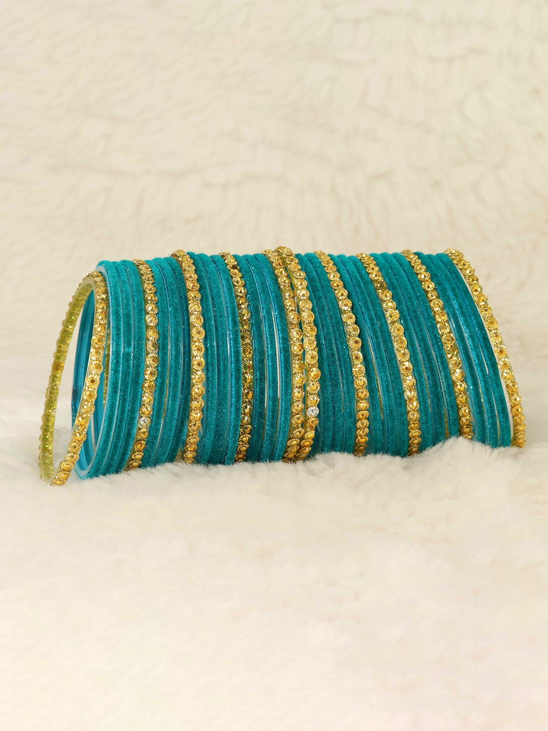 

ZULKA Set Of 34 Glass & Golden Beads Velvet Bangle, Teal