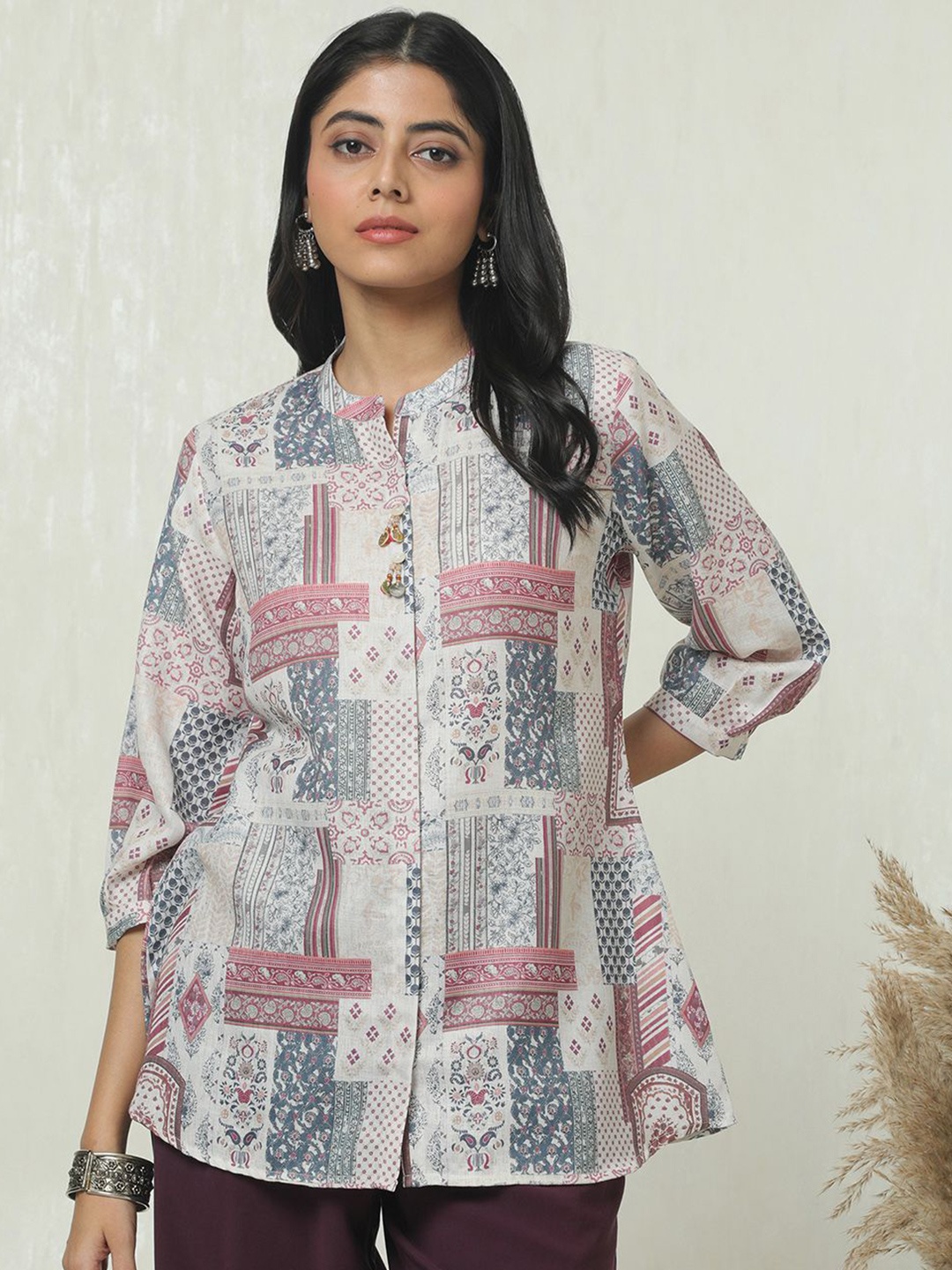 

Soch Linen Mandarin Collar Printed Tunic, White