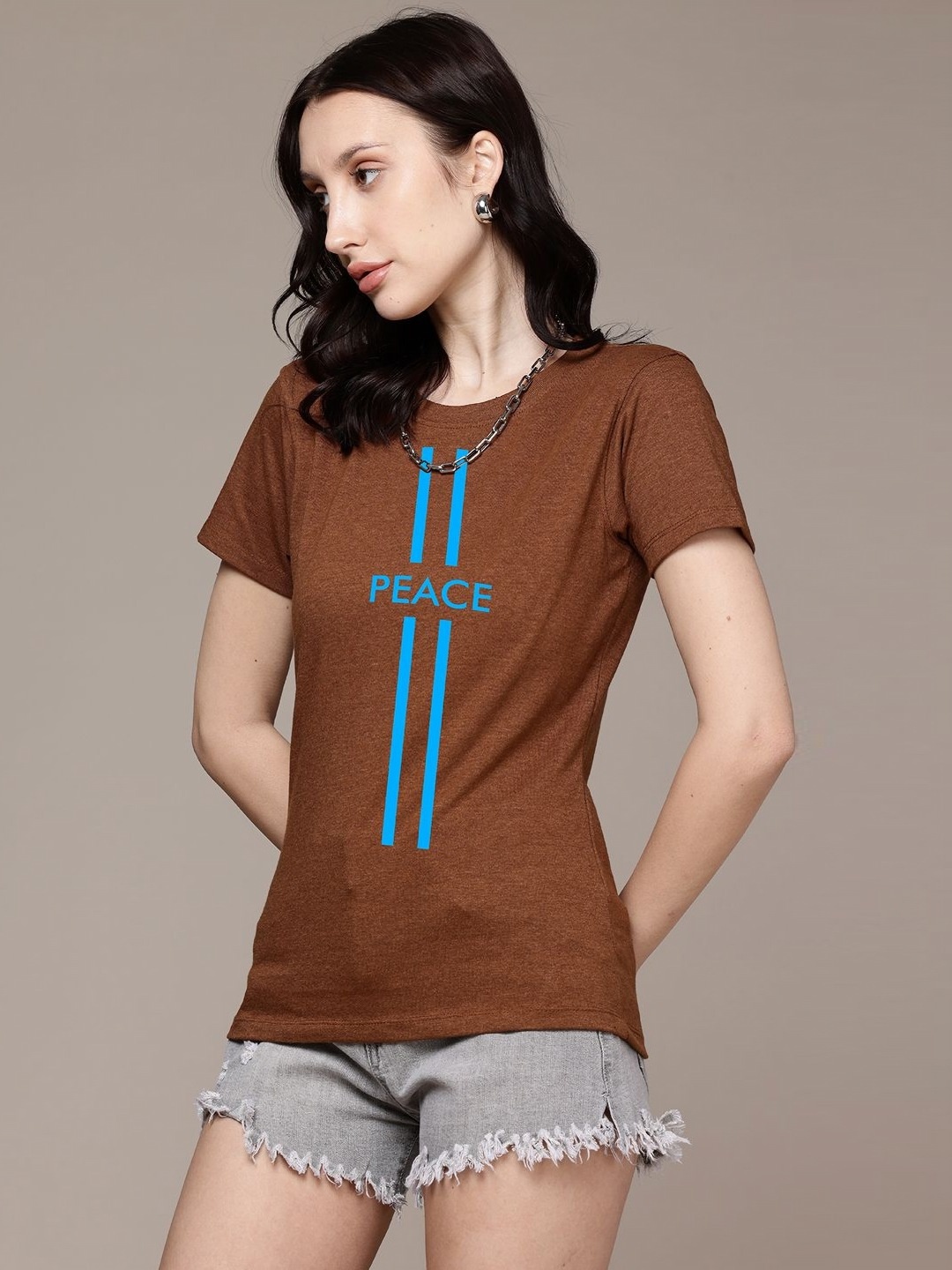 

Moda Rapido Women Typography Printed Round Neck Regular Fit Cotton T-shirt, Brown