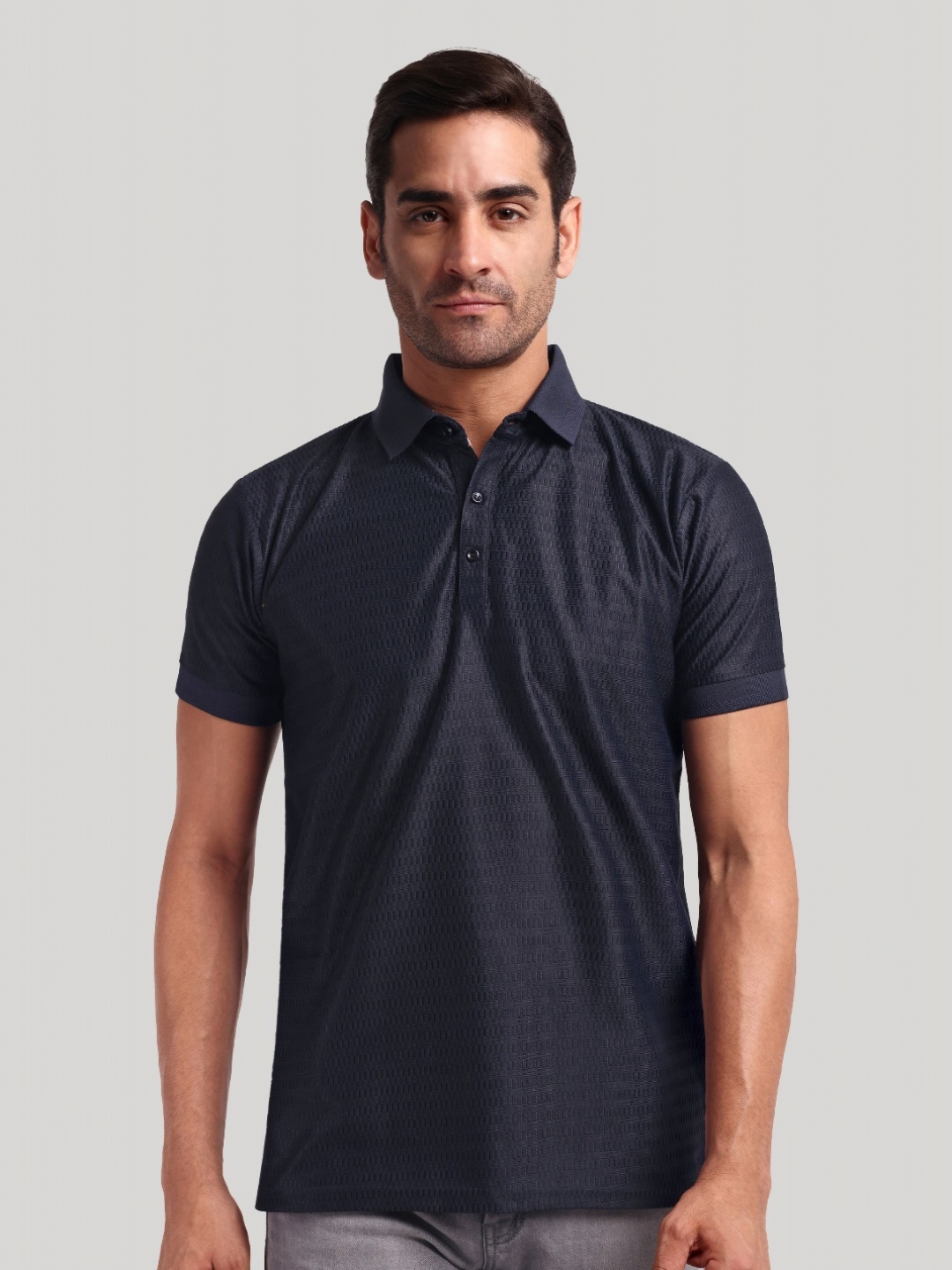 

Moda Rapido Men Self Design Polo Collar Cotton T-shirt, Navy blue