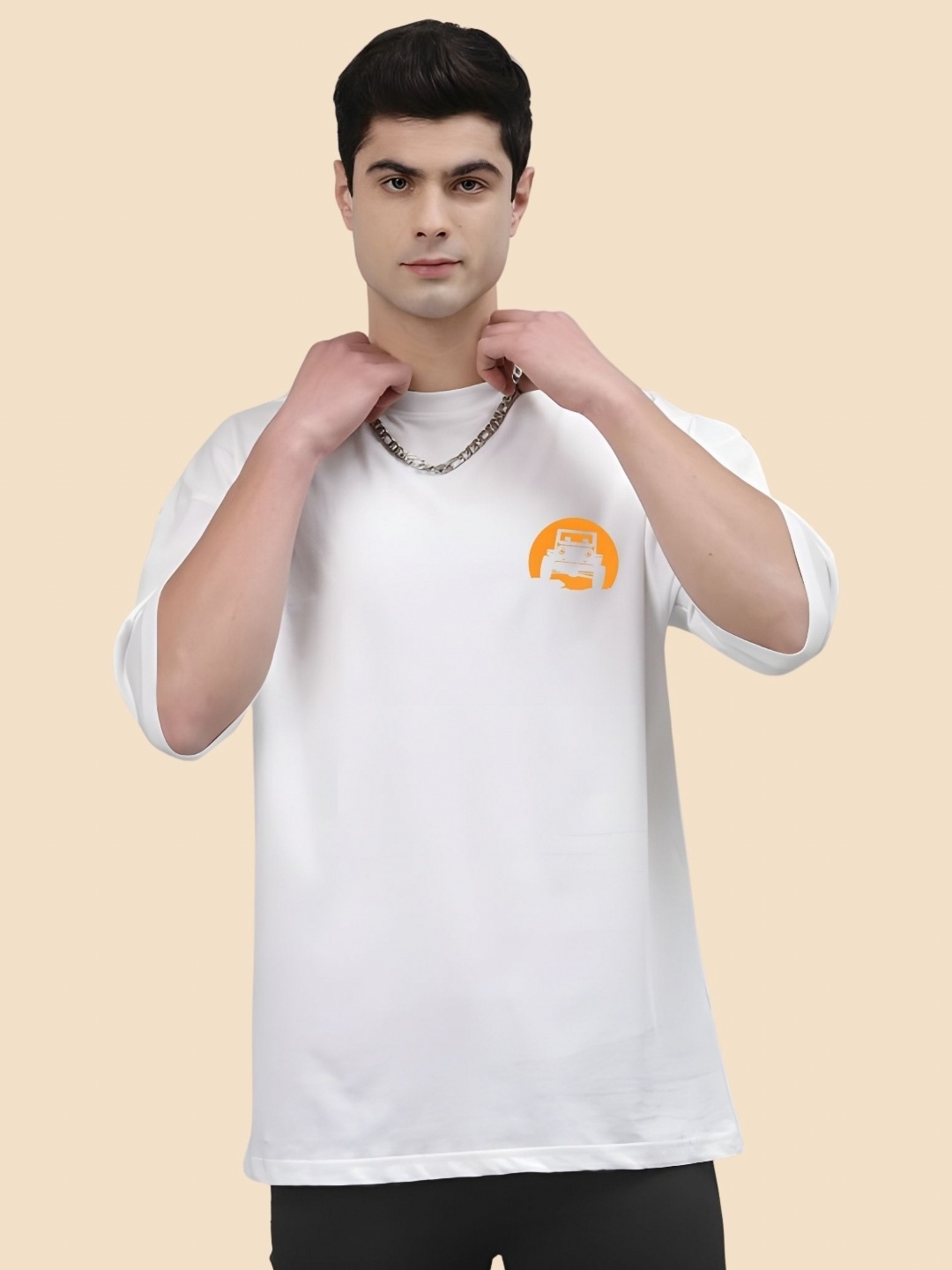 

SZN Men Graphic Printed Round Neck Cotton Oversized T-shirt, White