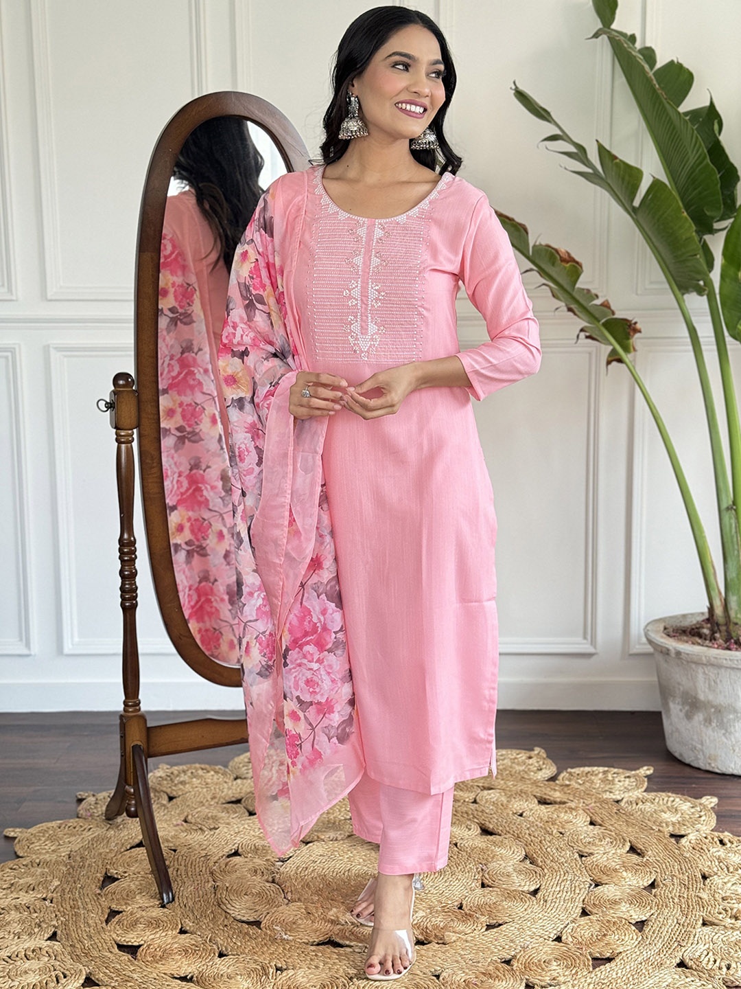 

KALINI Floral Embroidered Round Neck Kurta With Trousers & Dupatta, Pink