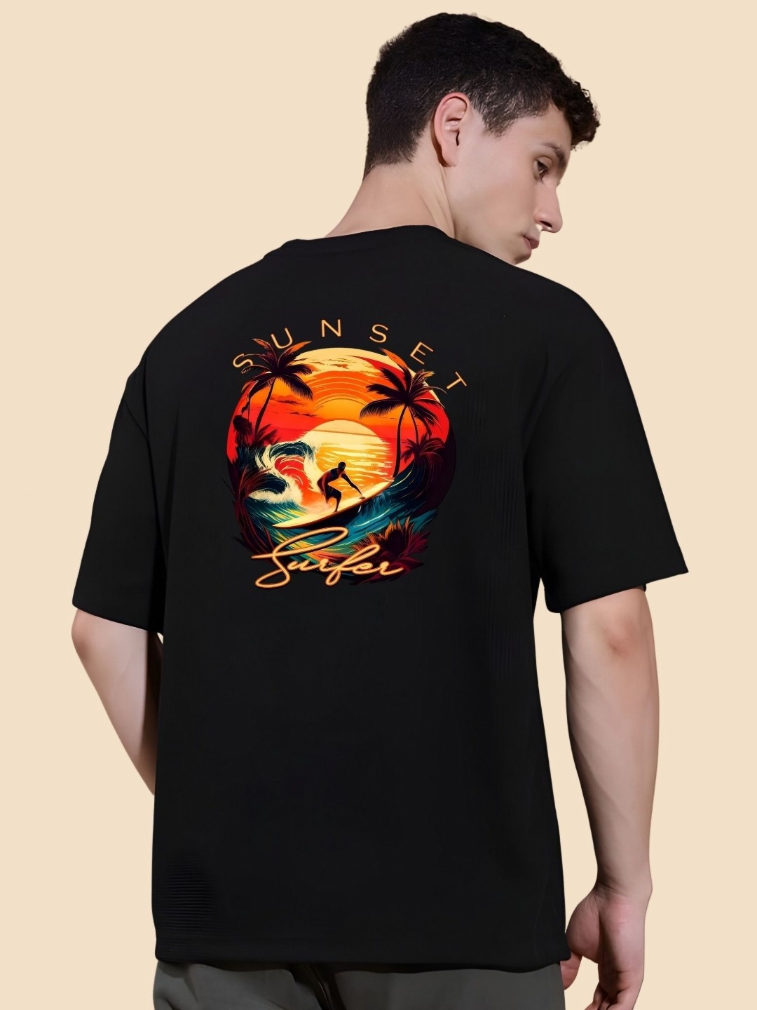 

SZN Men Graphic Printed Round Neck Cotton Oversized T-shirt, Black