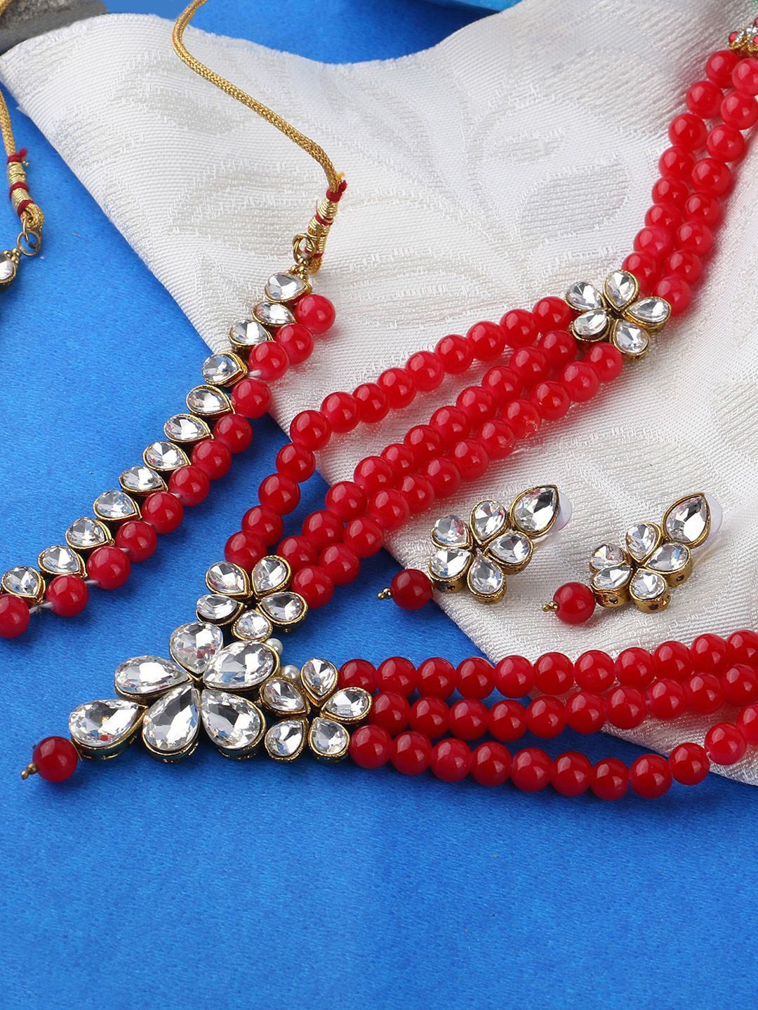 

Anouk Gold-Plated Kundan-Studded & Beaded Layered Necklace And Earrings, Red