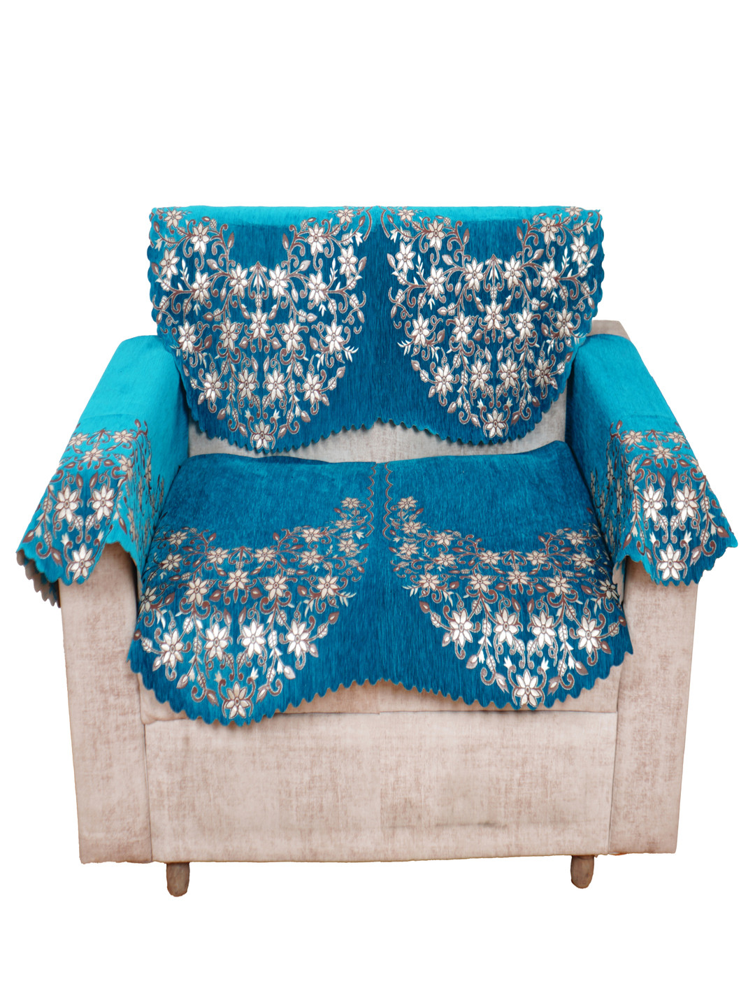 

Fashion Throw Turquoise Blue 4 Pieces Printed Jacquard 2 Seater Sofa Cover With Arms