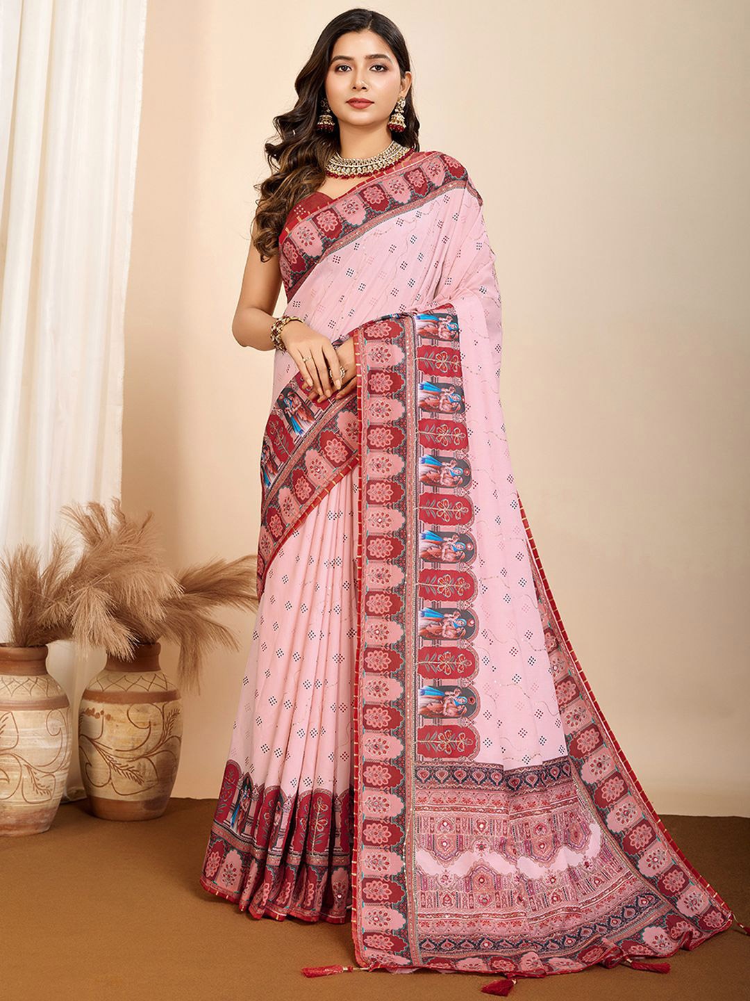 

Satrani Ethnic Motifs Sequinned Designer Saree, Rose