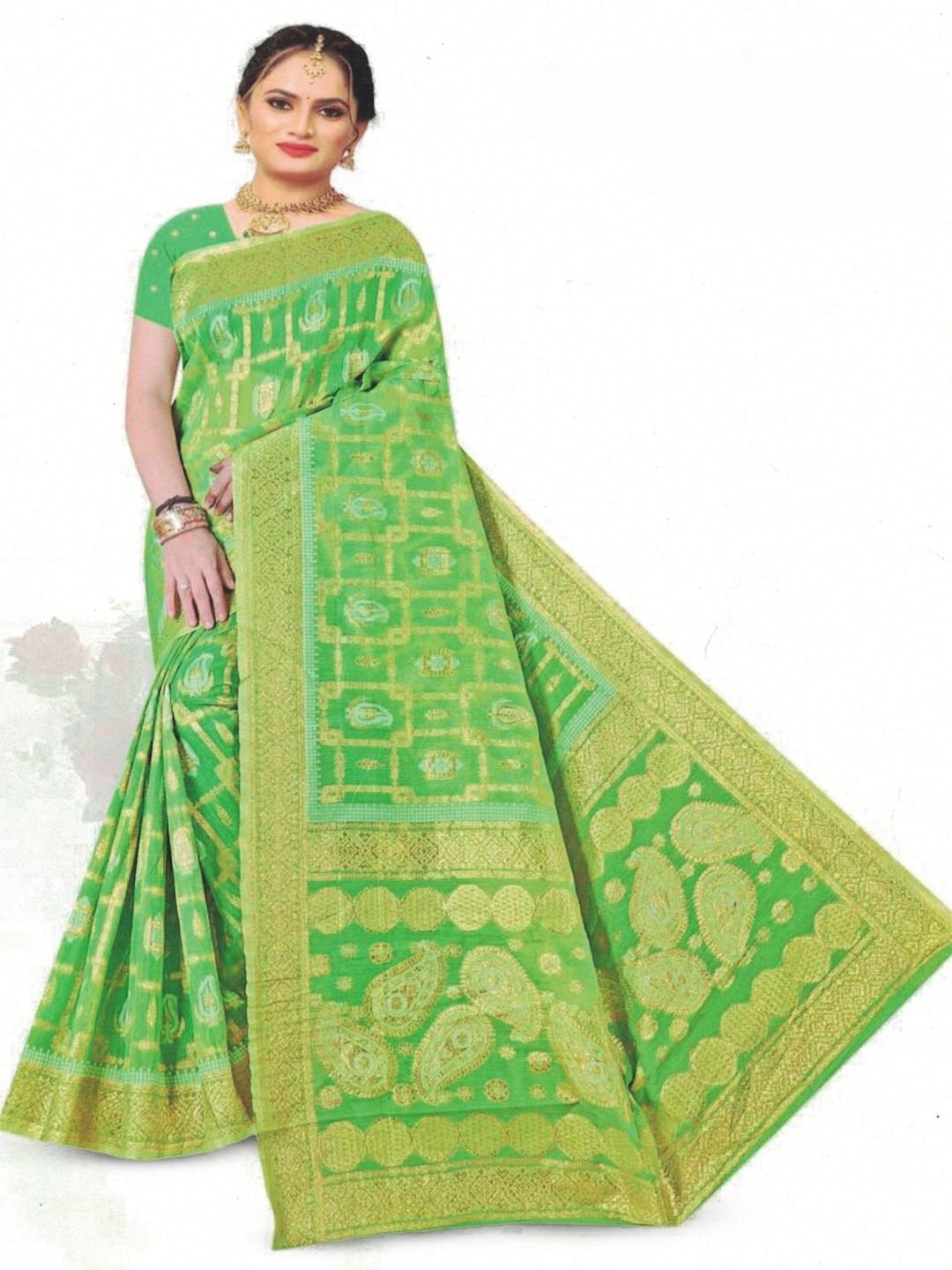 

SHOPPKEE Woven Design Jute Cotton Designer Kota Saree, Green