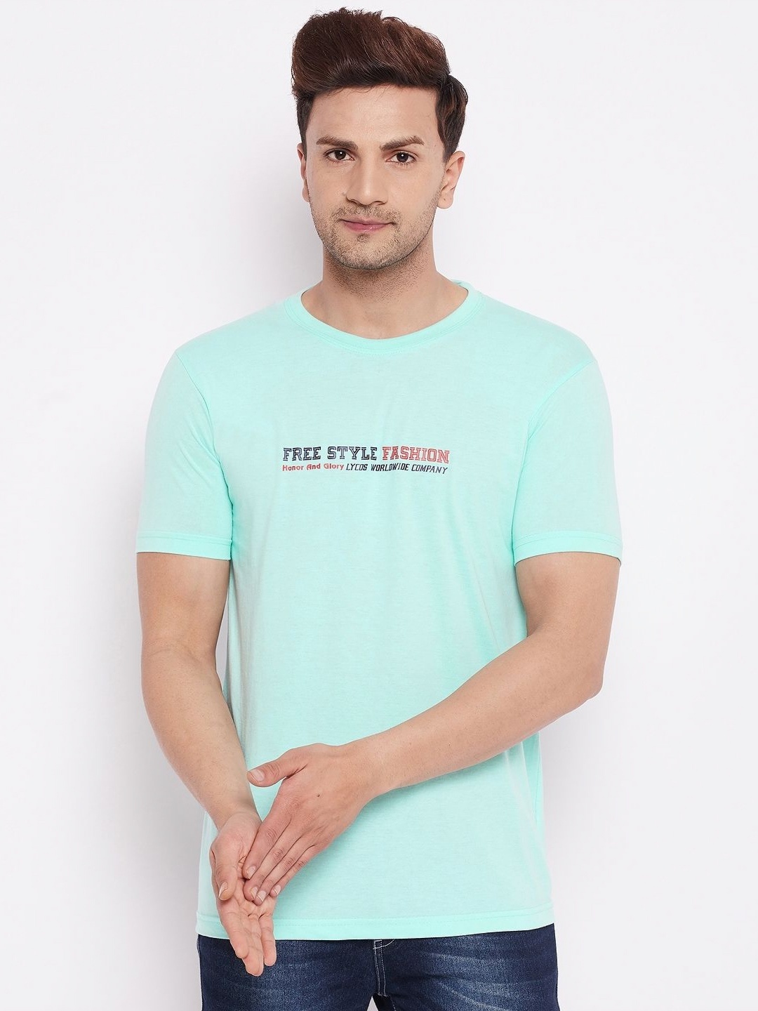 

LYCOS Men Typography Printed Round Neck Cotton T-shirt, Blue