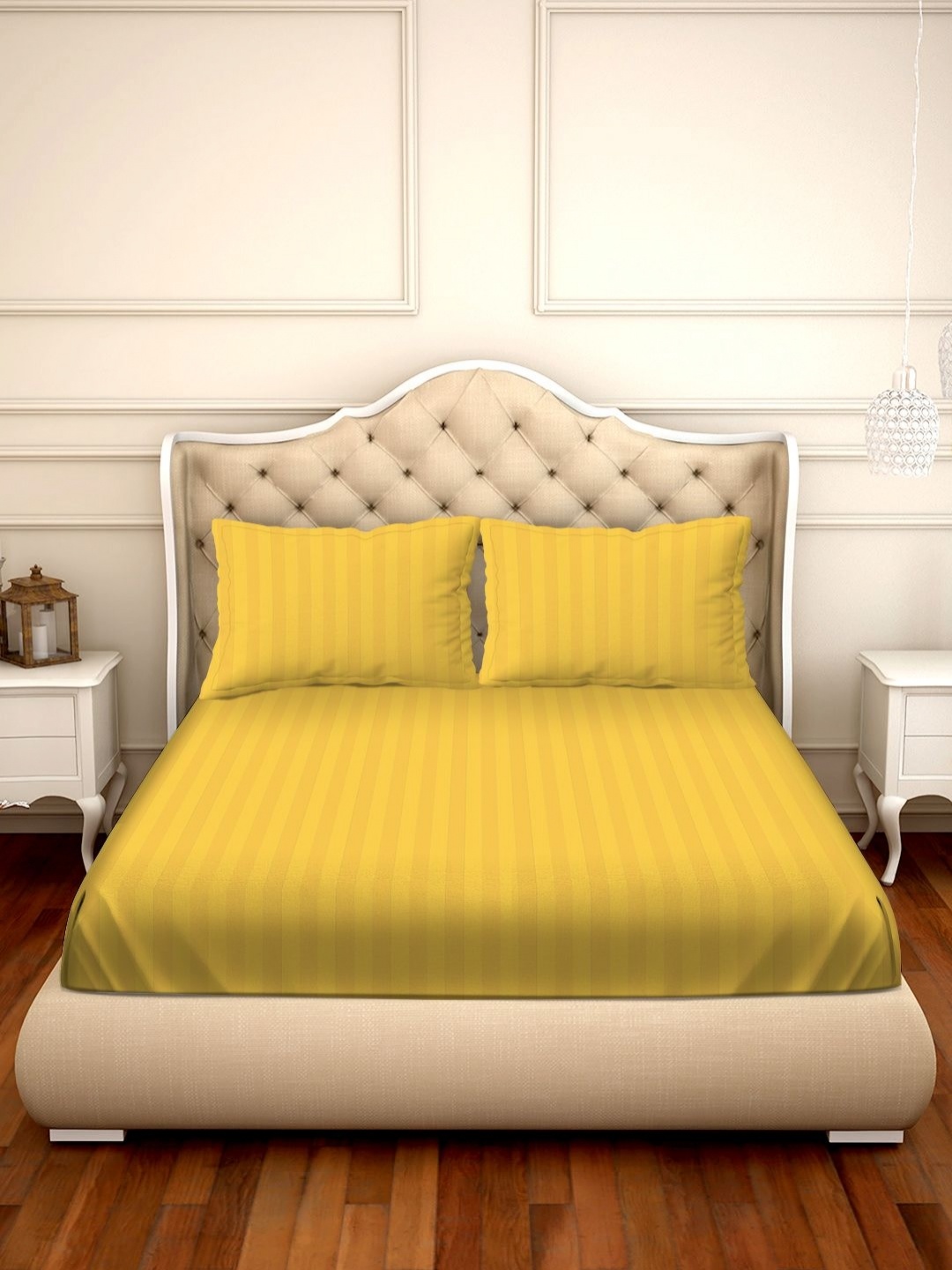 

Myntra Elegant Homes Yellow Printed Cotton 210 TC King Bedsheet Set 2.43m x 2.64m