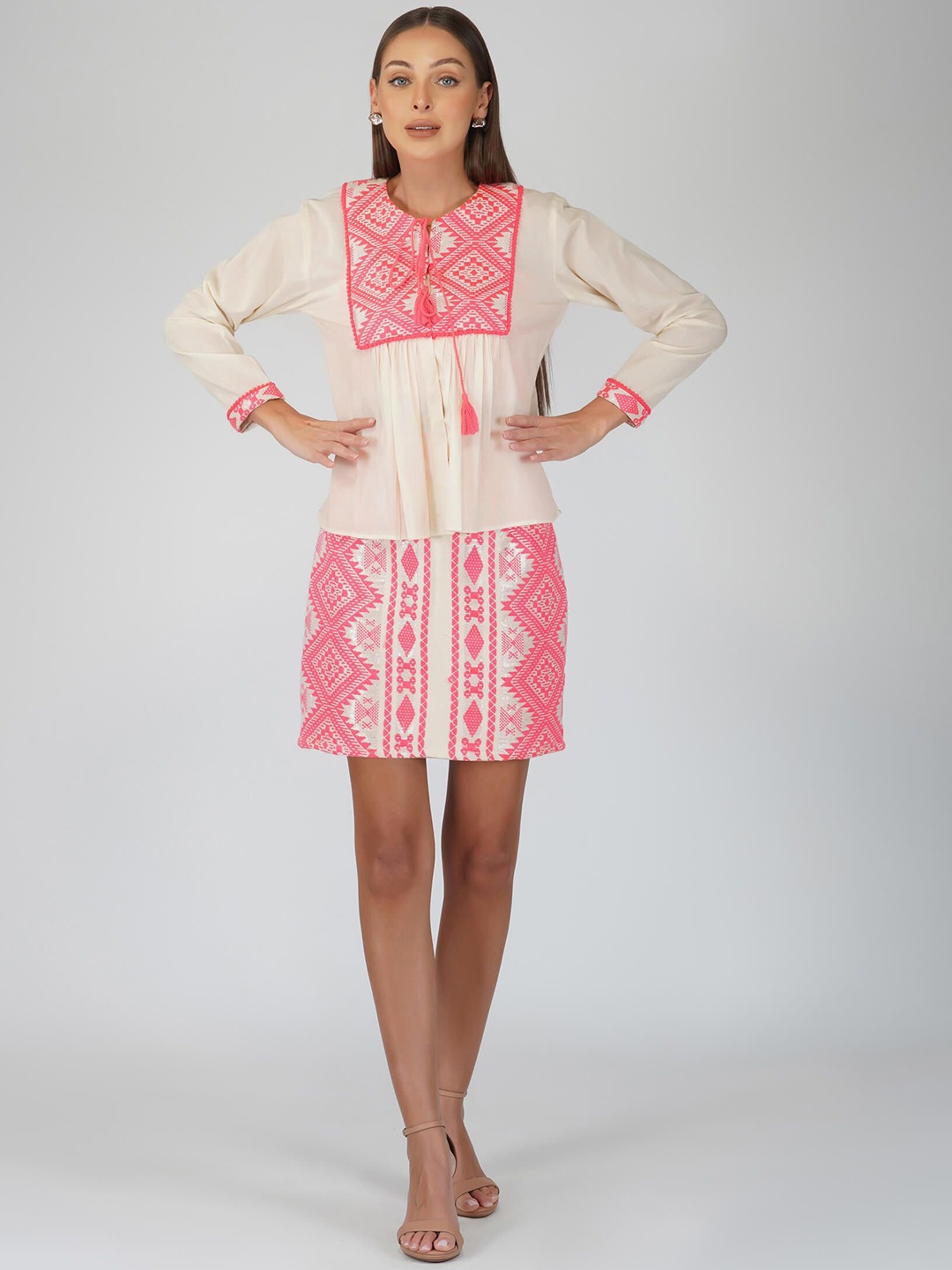 

KOVET Printed Cotton Top With Skirt, Cream