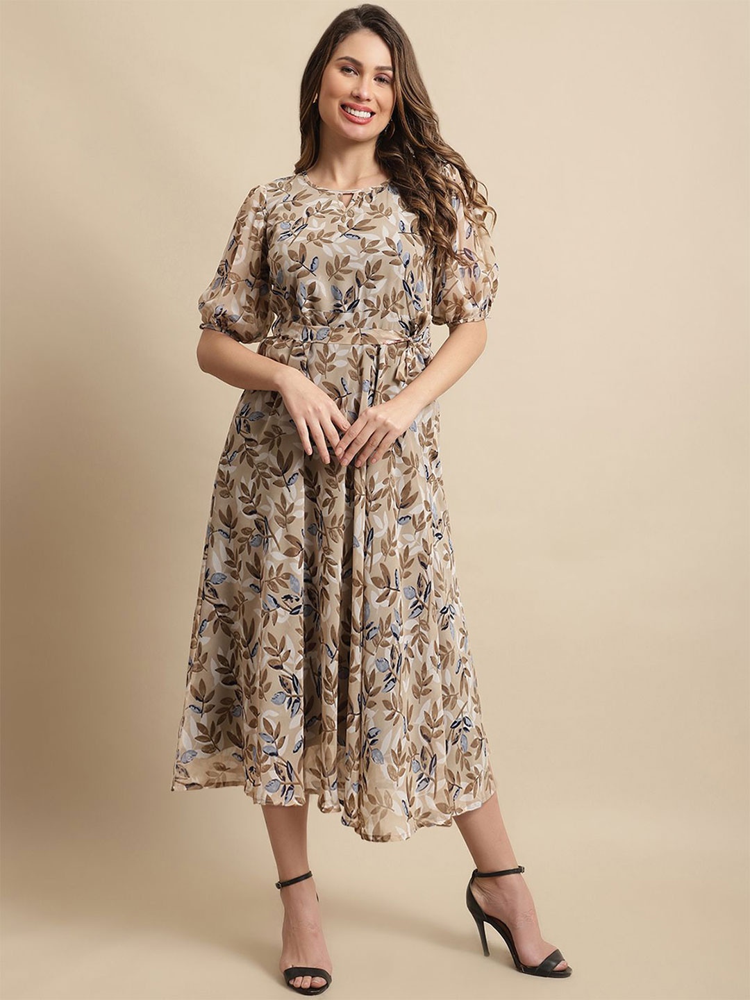 

Tromko Floral Printed Georgette Fit & Flare Midi Dress With Tie-Ups, Brown