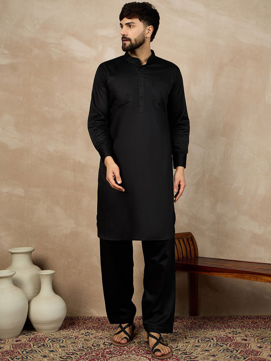 

NABIA Mandarin Collar Straight Pure Cotton Kurta With Pyjamas, Black