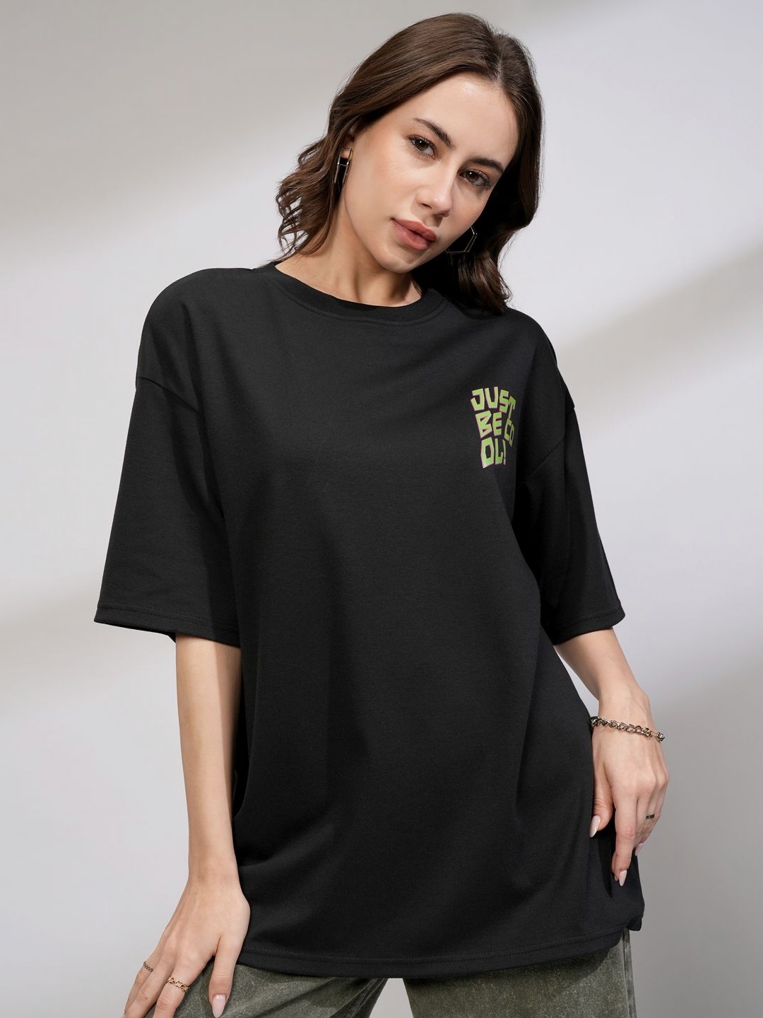

Tokyo Talkies Women Embellished Oversized Tshirt, Black