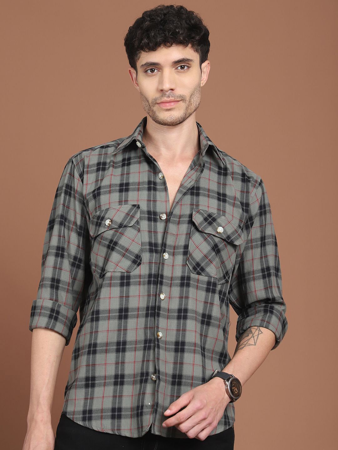 

Indian Needle Men Classic Tartan Checks Opaque Checked Casual Shirt, Grey