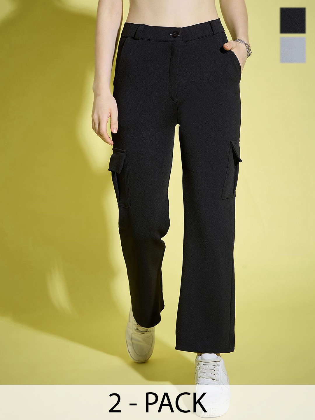 

DIMPY GARMENTS Women Relaxed High-Rise Cargos Trousers, Black