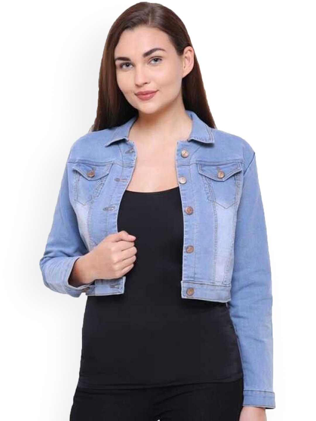 

KASHIAN Women Spread Collar Solid Casual Denim Jacket, Blue