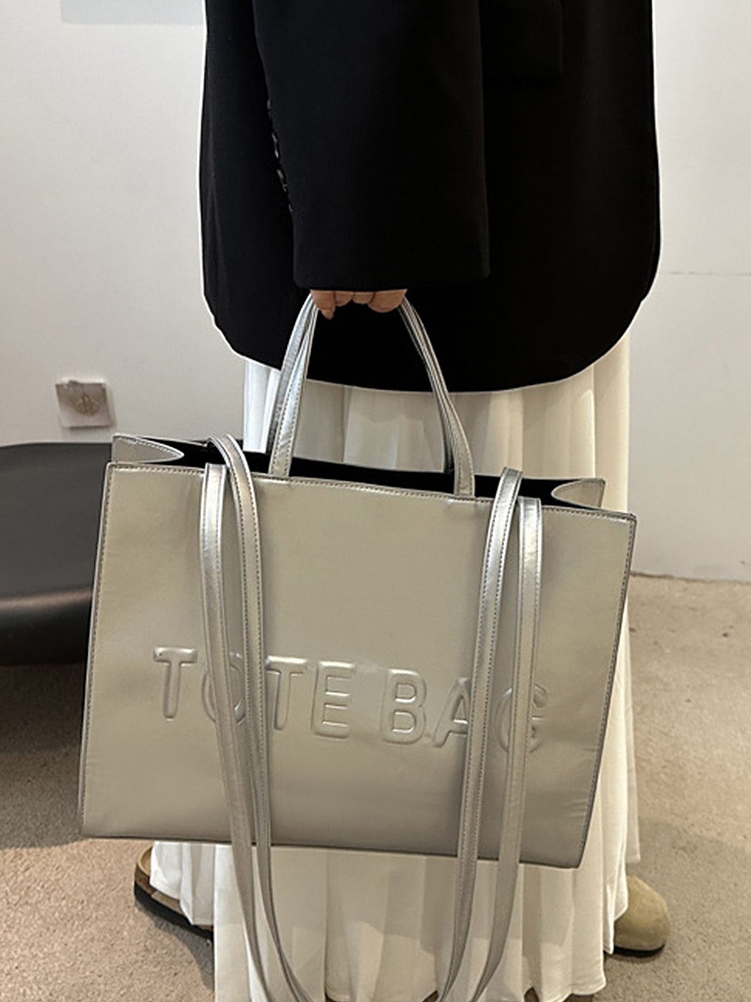 

LULU & SKY PU Oversized Shopper Tote Bag with Fringed, Silver
