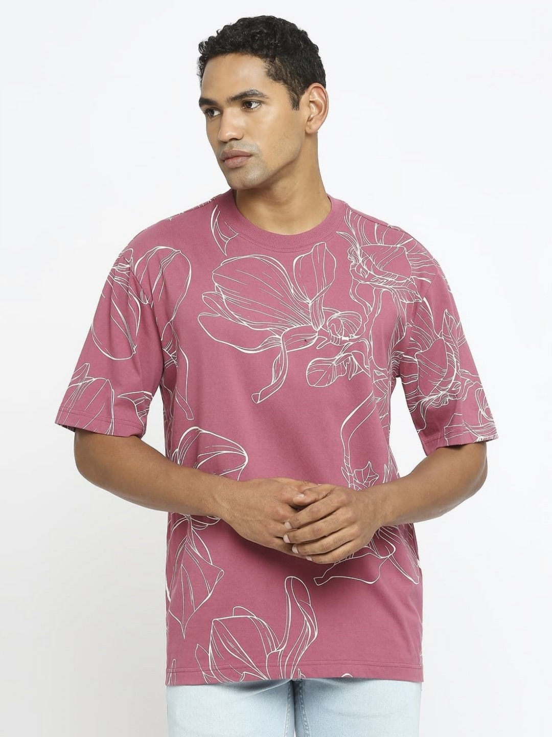 

Basics Men Floral Printed Round Neck Cotton Relaxed Fit T-shirt, Pink