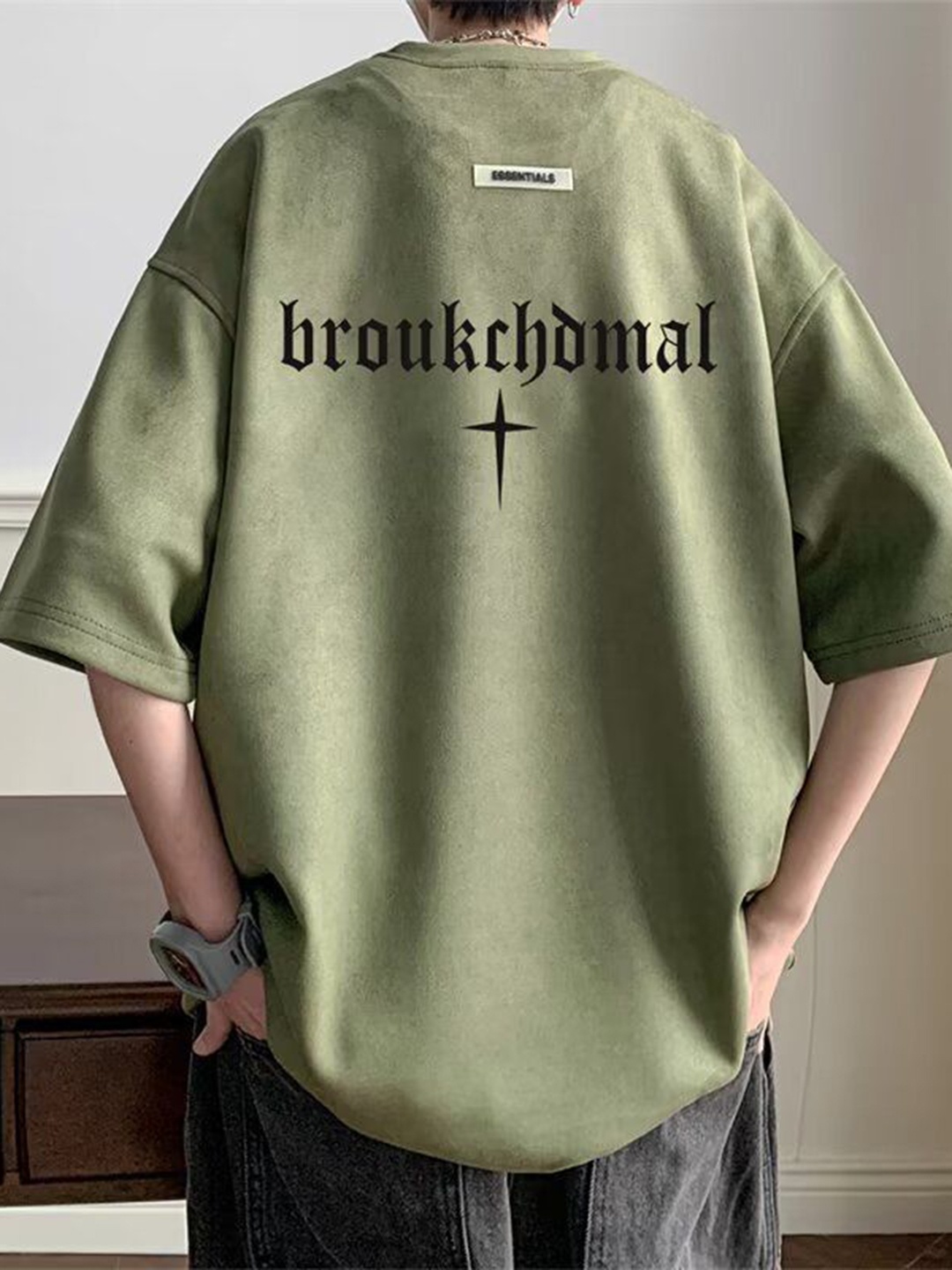 

HERE&NOW Men Typography Printed Round Neck Oversized T-shirt, Green
