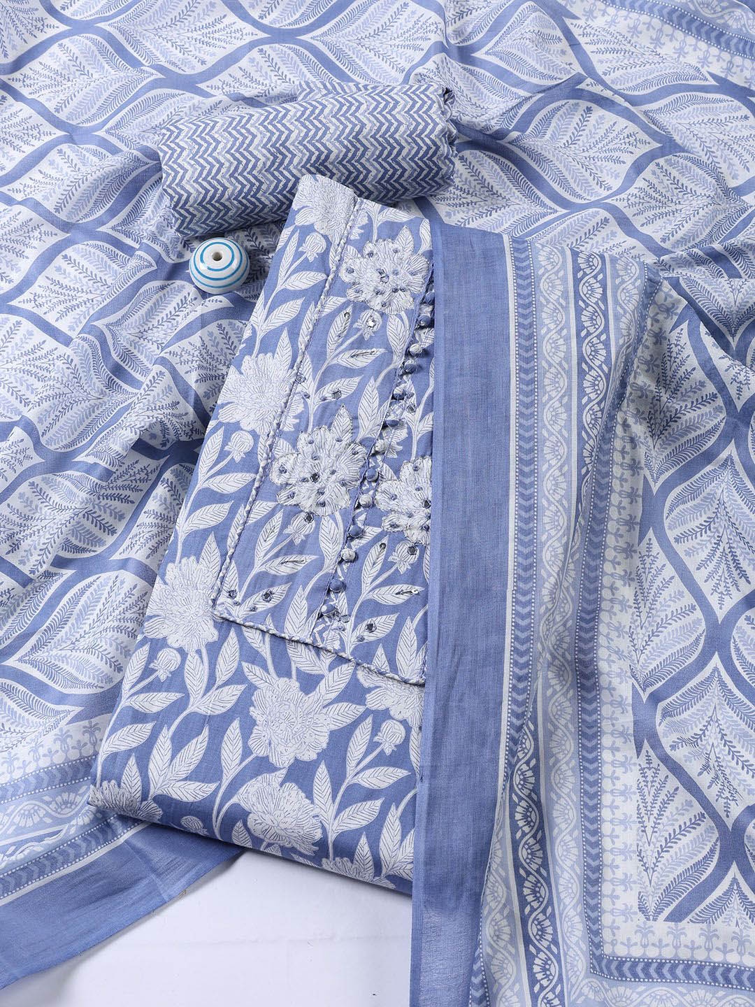 

Meena Bazaar Floral Printed Mirror Work Unstitched Dress Material, Blue