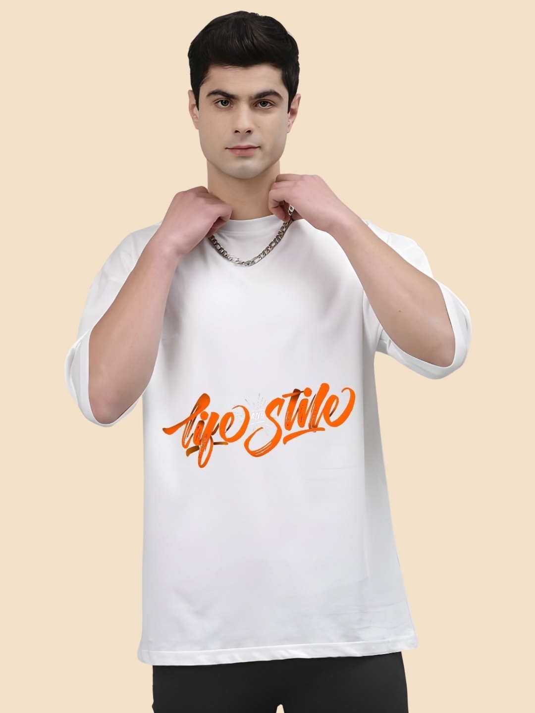

SZN Men Typography Printed Round Neck Cotton Oversized T-shirt, White