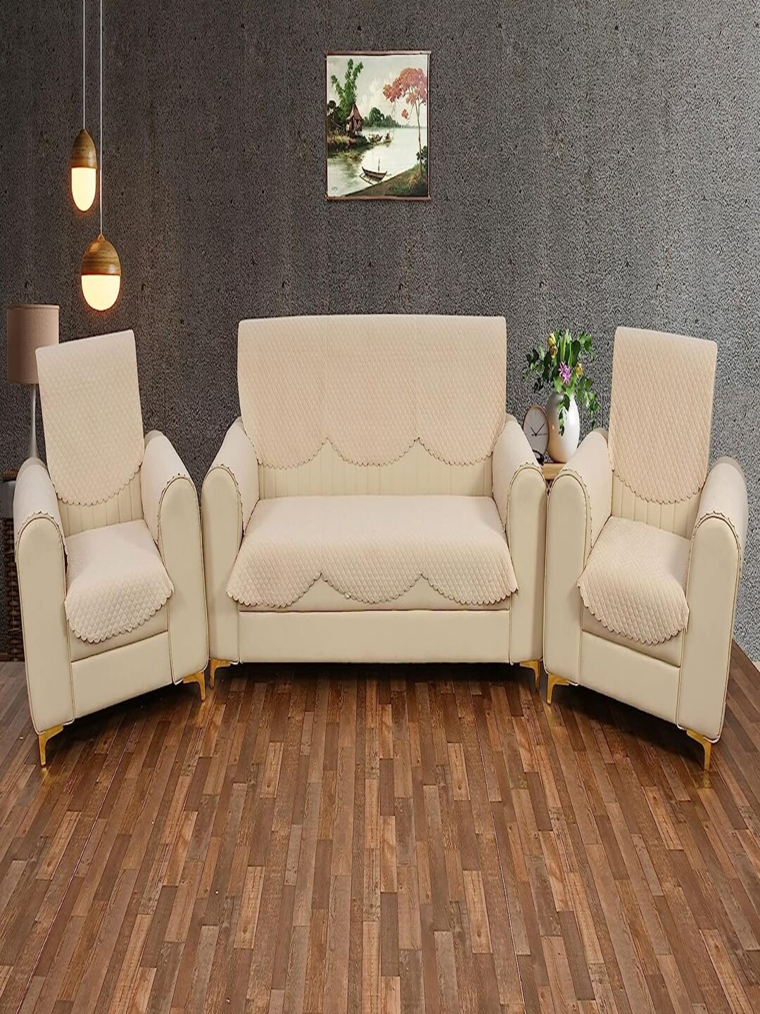 

Fashion Throw Beige 6 Pieces Velvet 5 Seater Sofa Cover With Arms
