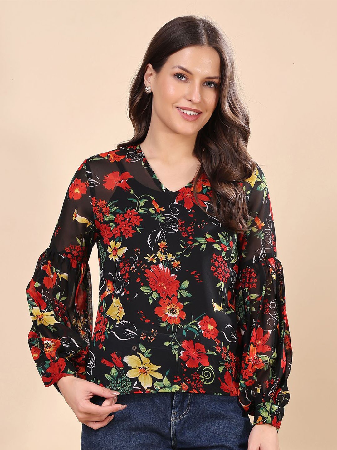 

Moda Rapido Floral Print Georgette Tube Top, Black