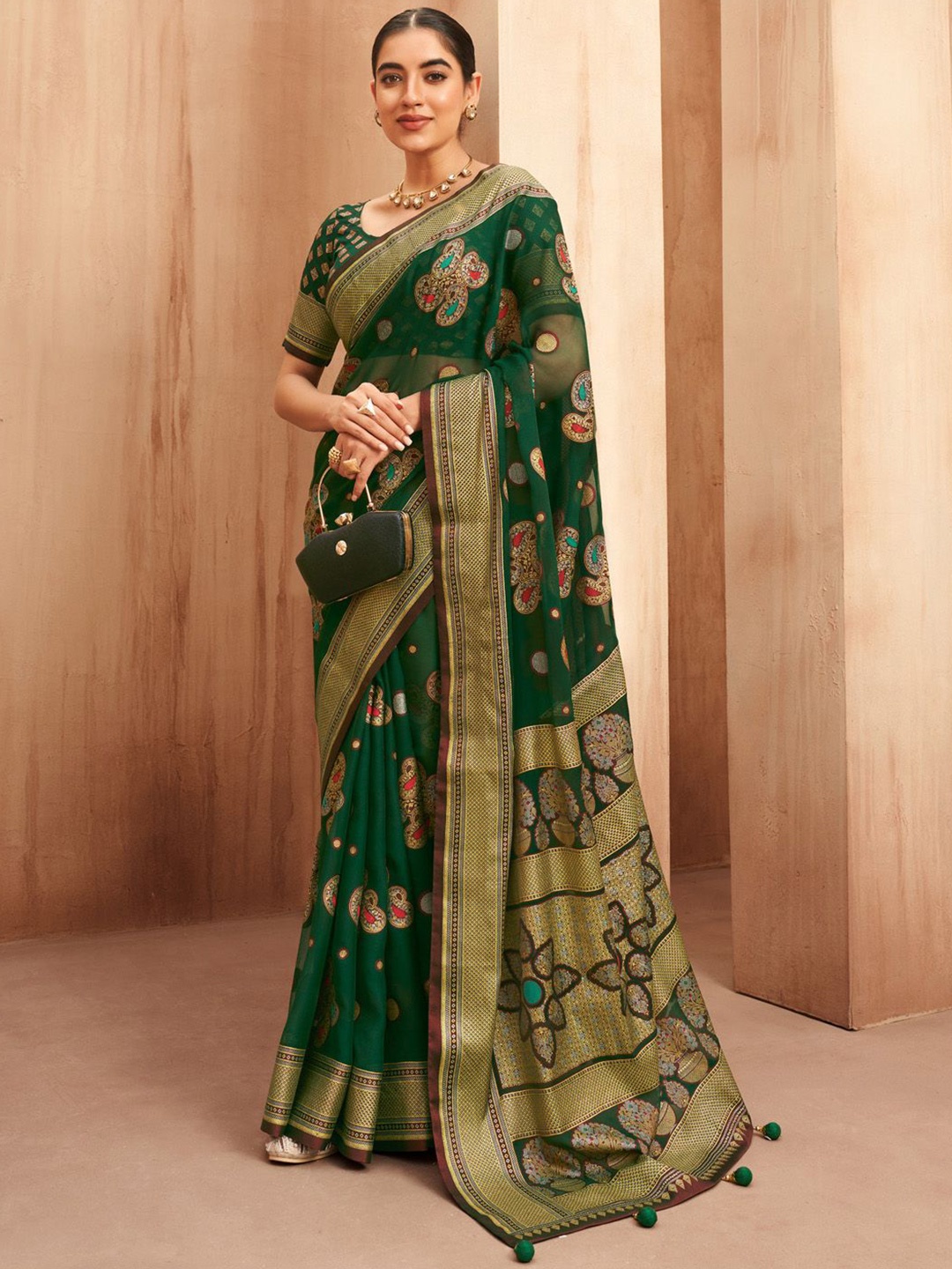 

Anouk Woven Design Zari Poly Georgette Saree, Green
