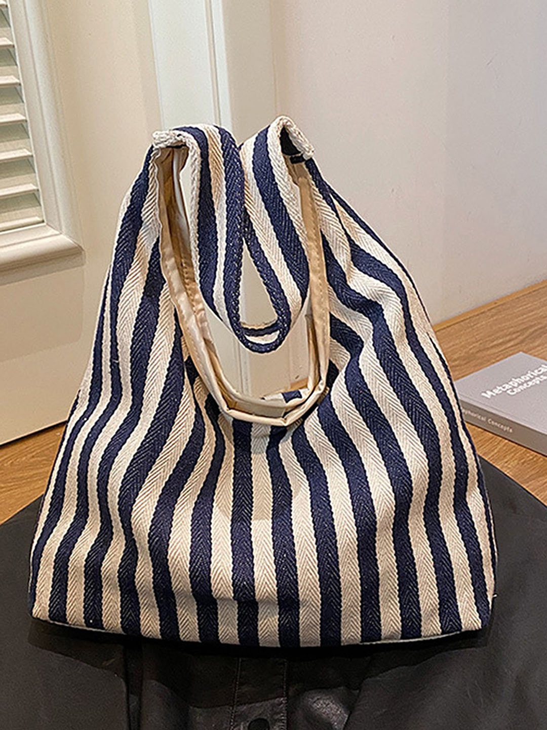 

LULU & SKY Striped PU Oversized Shopper Shoulder Bag with Tasselled, Blue