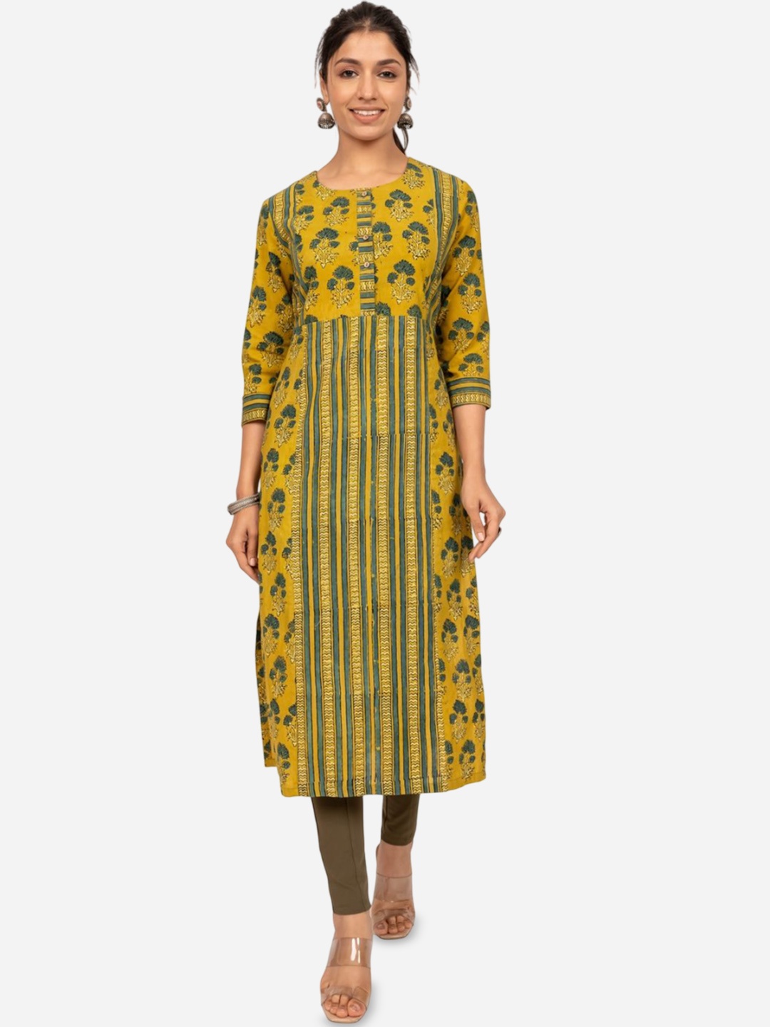 

INDIE JHOLA Floral Ajrakh Printed Round Neck Cotton Straight Kurta, Mustard