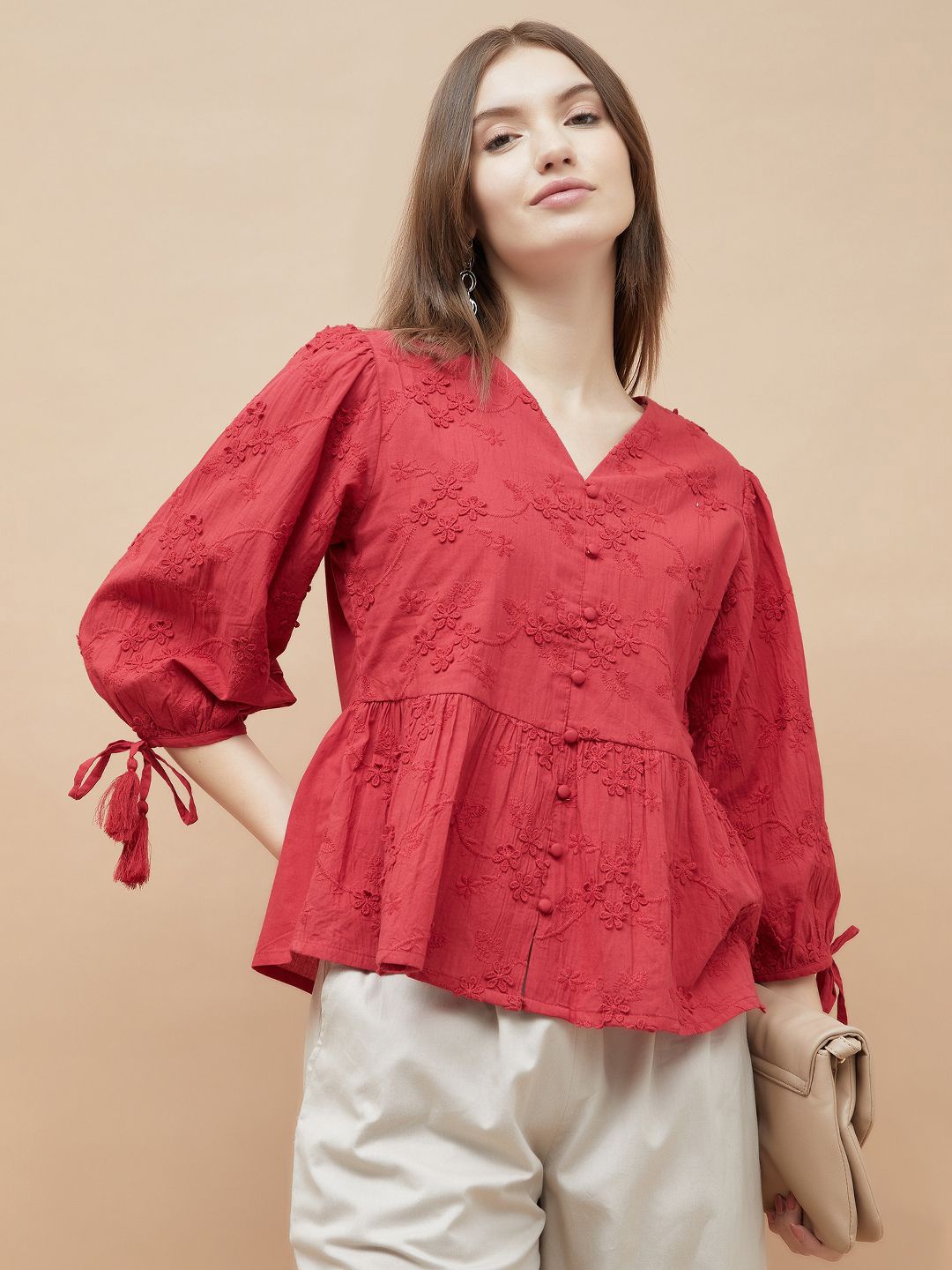 

Colour Me by Melange Puff Sleeve Cotton Peplum Top, Red