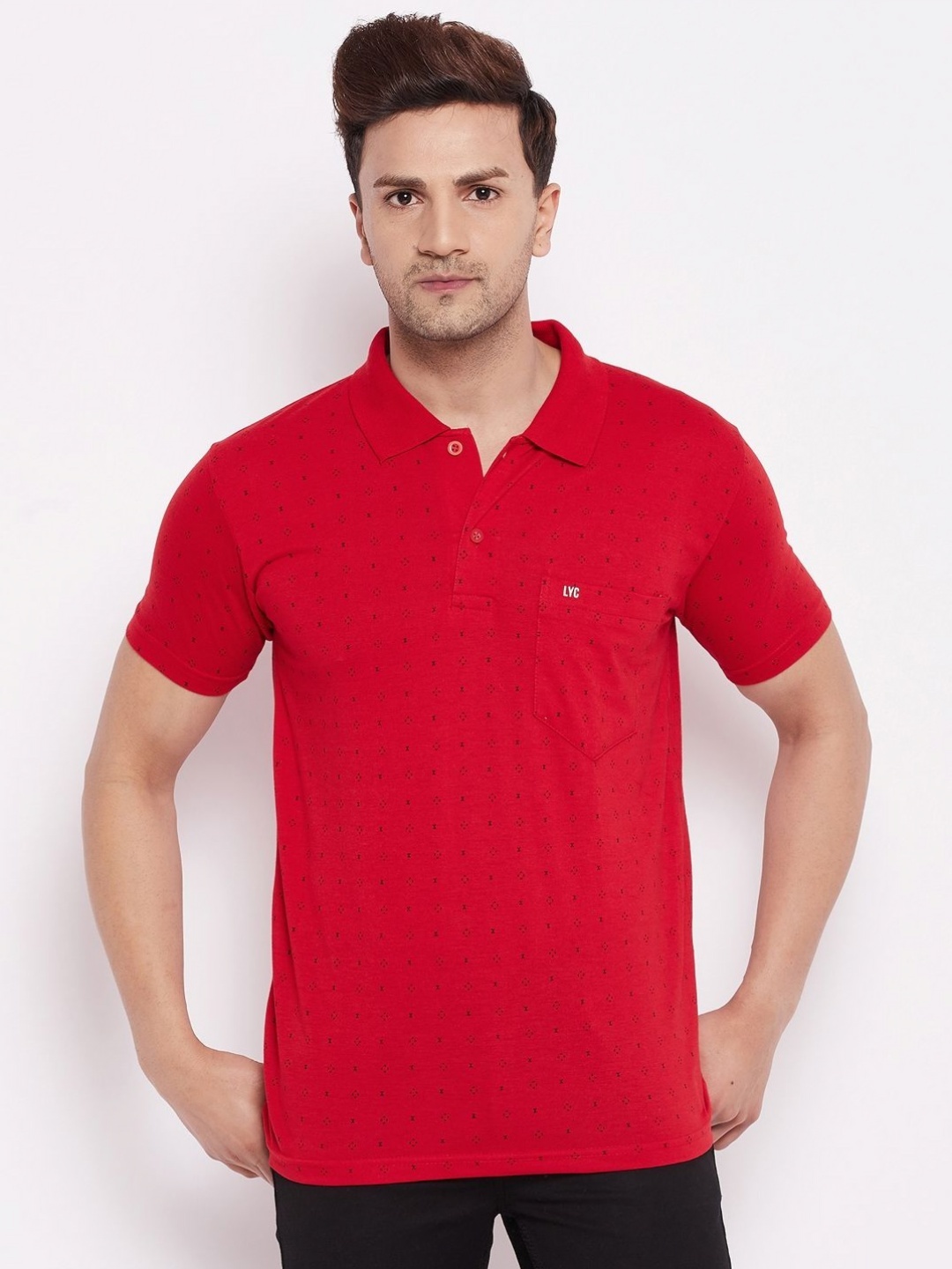 

LYCOS Men Geometric Printed Polo Collar Cotton T-shirt, Red