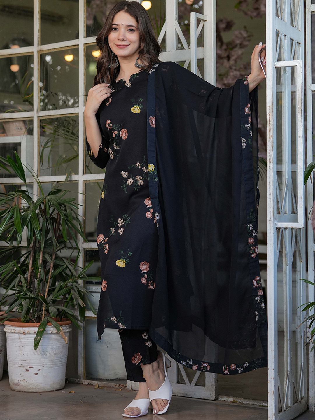 

ZIBLON Floral Printed Art Silk Notch Neck Straight Kurta With Trousers & Dupatta, Black