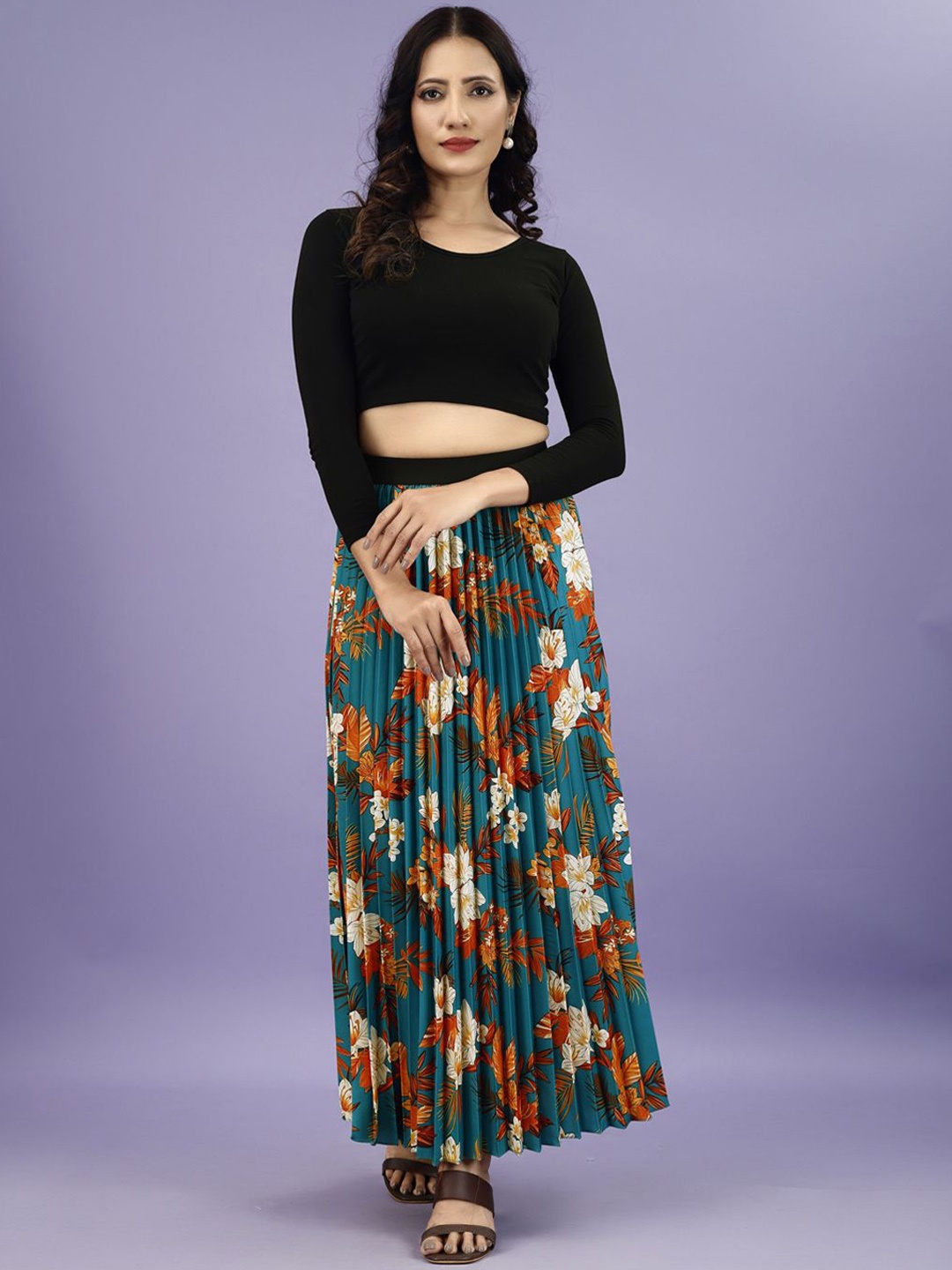 

ZWERLON Floral Printed Pleated A-Line Maxi Skirt, Orange