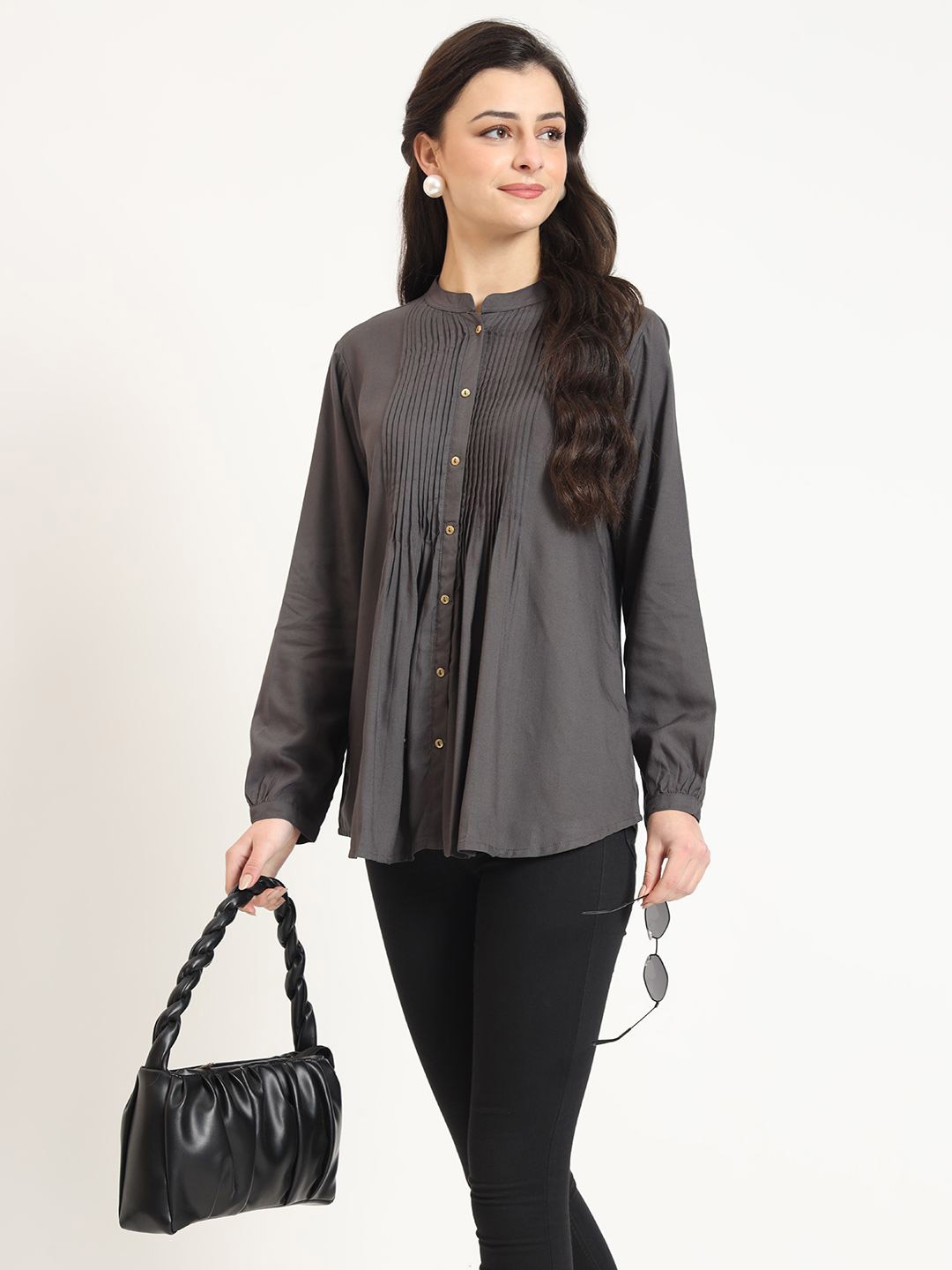 

Divena Mandarin Collar Top, Grey